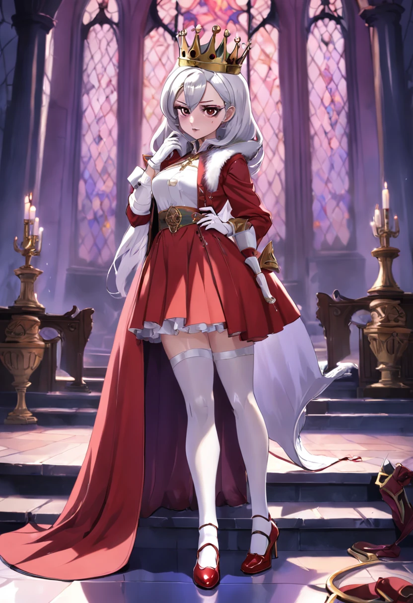 Evil Queen，diadems，White stockings，white long gloves，No shoes，Redcoat，short  skirt，Full body like，conservativelydressed，No shoes，unholy，Kneeling pose，wounded，In a huff，big breasts beautiful，whaite hair，short detailed hair