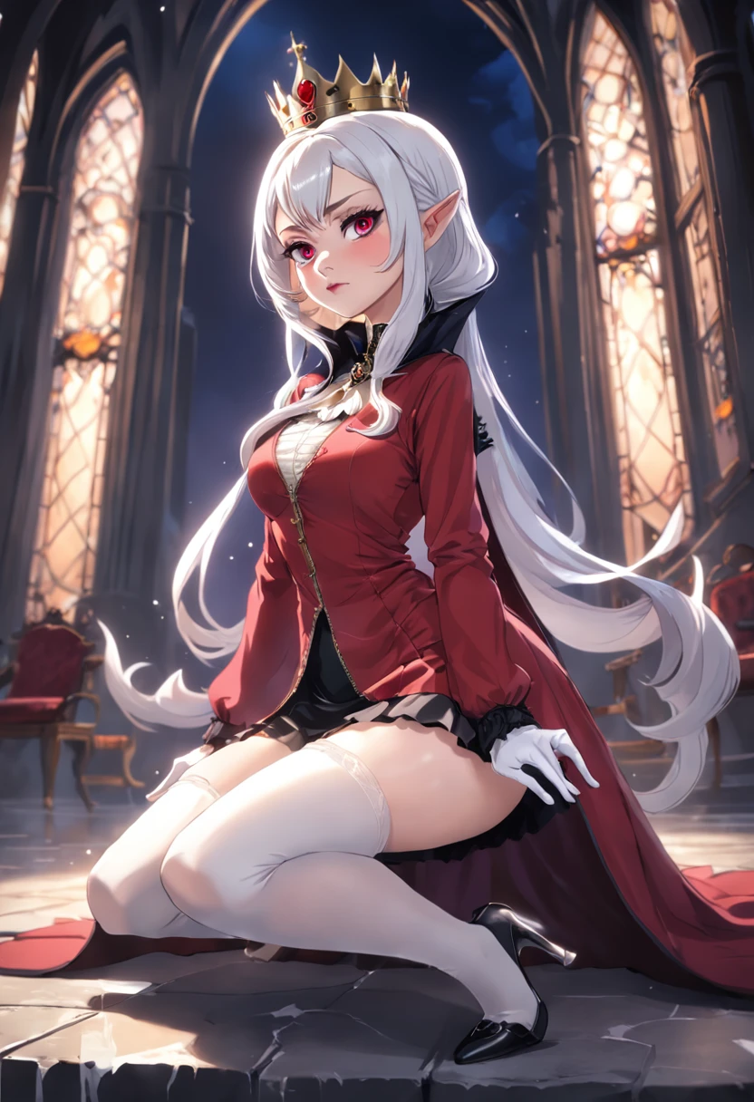 Evil Queen,diadems,White stockings,white long gloves,No shoes,Redcoat,short skirt,Full body like,conservativelydressed,No shoes,unholy,Kneeling pose,wounded,In a huff,big breasts beautiful,whaite hair,short detailed hair