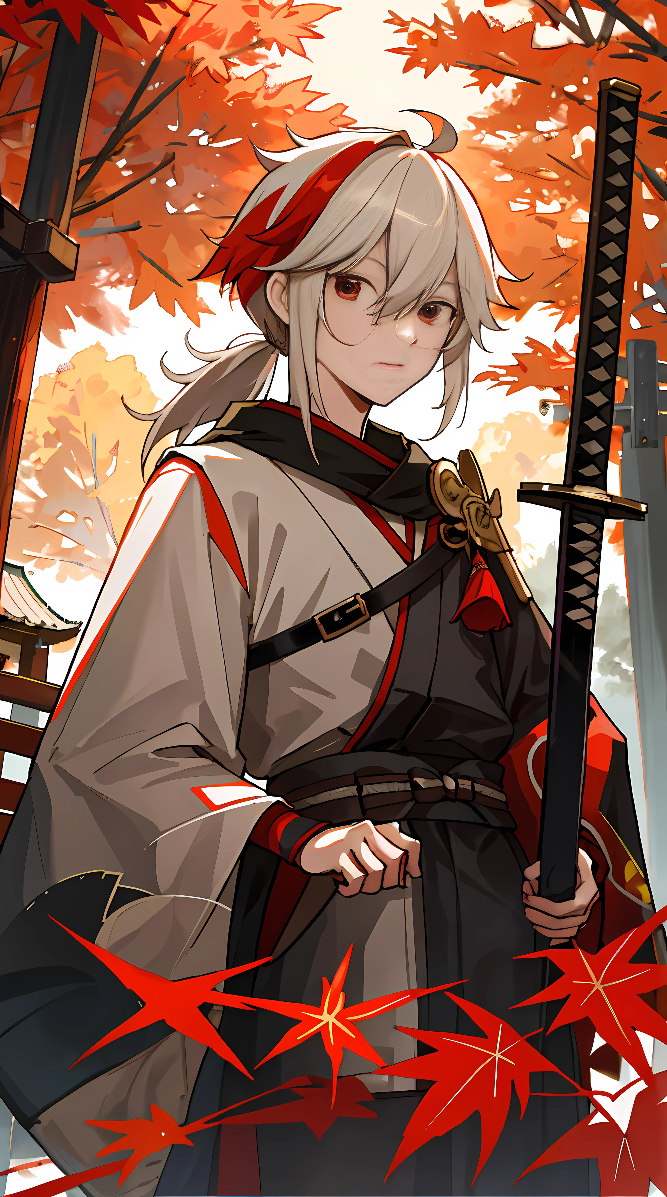 masterpiece, best quality, maple manyo, male focus, solo, red eyes, bangs, multicolored hair, japanese clothes, striped hair, red hair, hair between the eyes, weapon, sword, armor, japanese armor, white hair, shut up, ponytail, outdoors, tassel, looking at the audience, castle tower, (kbxll:0.6)