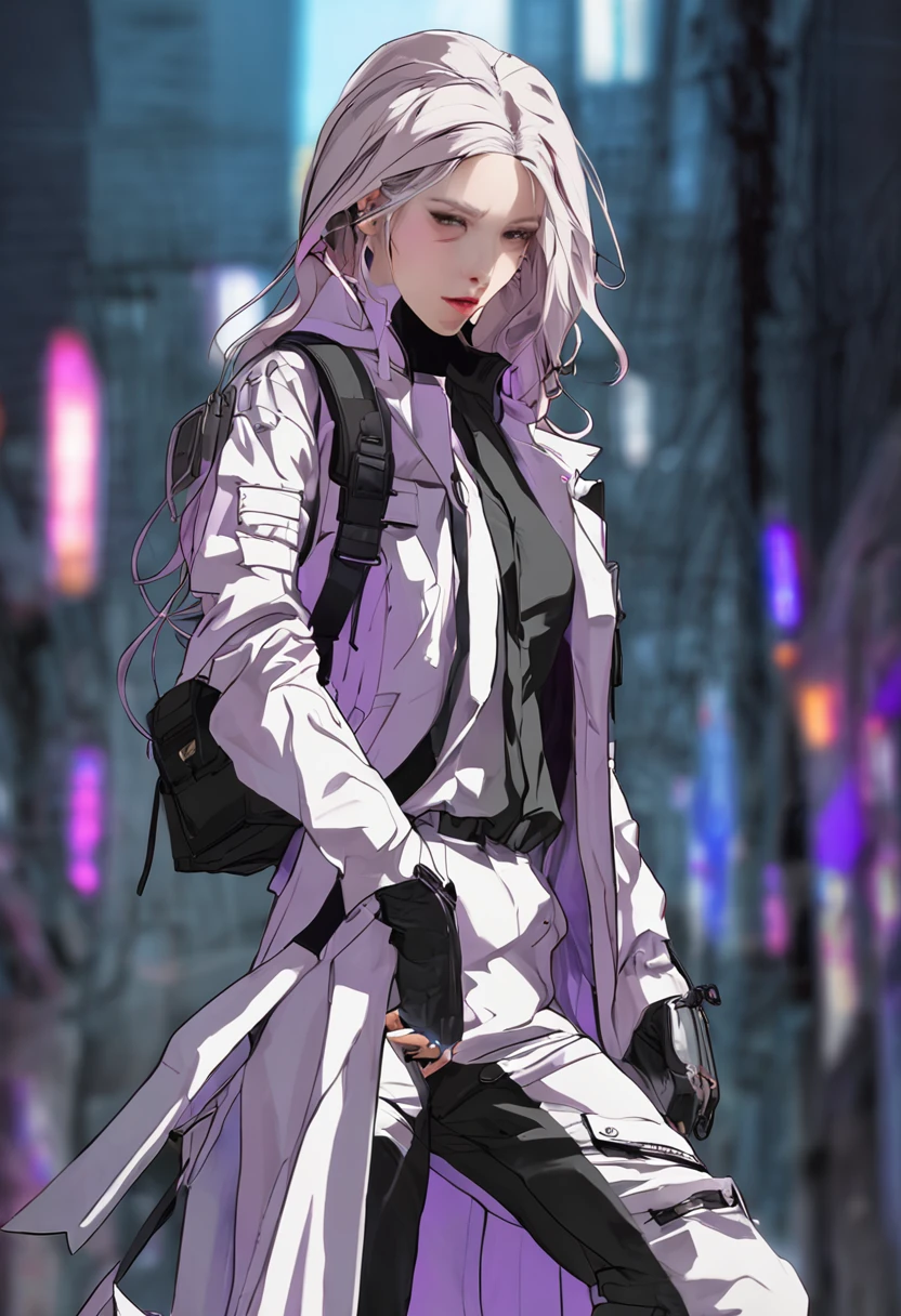 Two-dimensional woman，Long white silky hair，Bright purple pupils，White trench coat with black hard vest armor，A tactical belt hangs a black pocket，Black slim trousers with leggings，A pair of black tactical high-top boots，4k高清