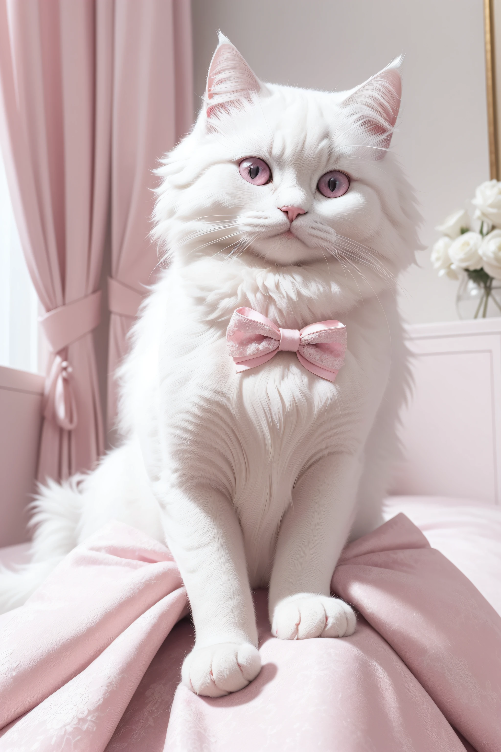 (((Masterpiece))), top quality, a beautiful fluffy white cat animal with a pink bow in a fashionable white dress with a pink coat, highly detailed textures, absurdres, intricate details, bloom,