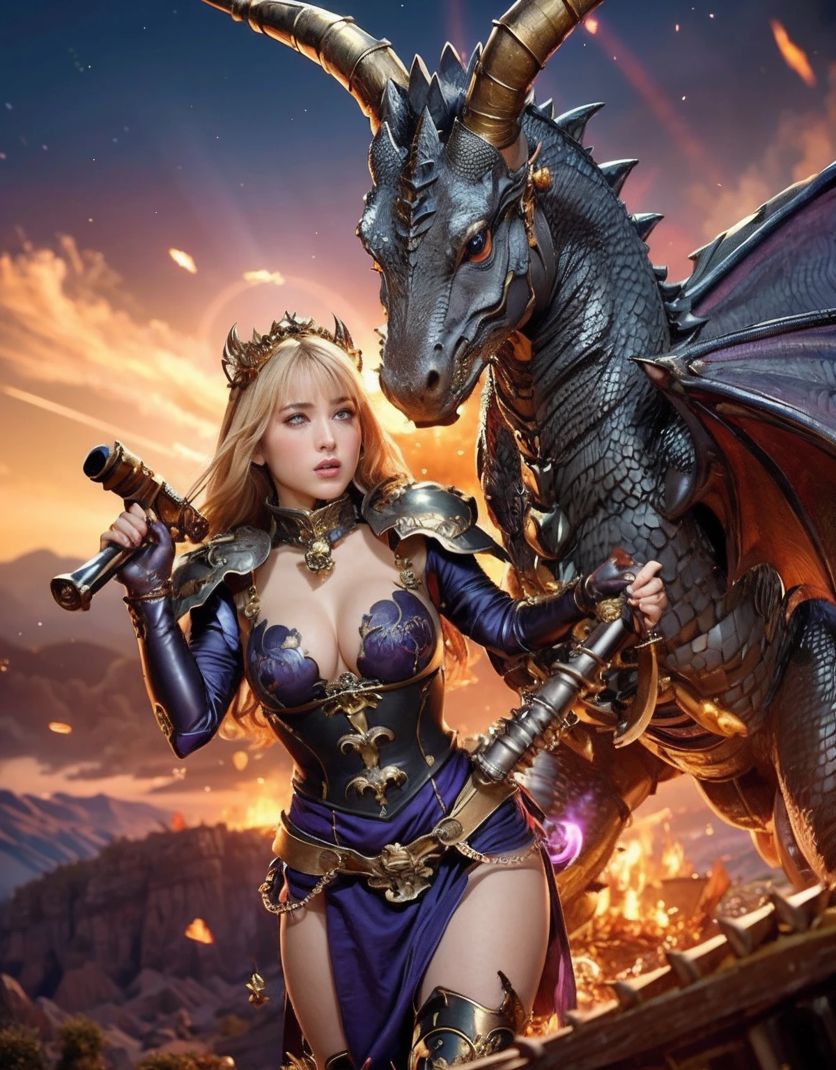 Professional , ​masterpiece、top-quality、photos realistic , depth of fields 、（Dragon Blue Metal Body:1.９),(Enamel purple、（cleavage of the breast）、Mystical expression、Dragon Gold Weapon、（Red Micro Bikini Armor:1.４),Gorgeous gold weapons ,Particles of light、（（ Dragon's dense and gorgeous sword）） , （demonic wings）、（（a blond））、（Castle background）、（（Gangle's forest background））、（（Fight dragons））、Beautiful Caucasian beauty、１a person、dynamic ungle,(((Detailed and ornate dragon helmet)))、Smaller head、A smile、Castle background、Thin and beautiful female hands、cleavage of the breast、Soldier in iron armor on background、Mystical expression、Light Effects、intense fighting、Wind-effect、magic circles、With the legendary magic wand、Dragon's tail、explosions、Anatomically correct body、