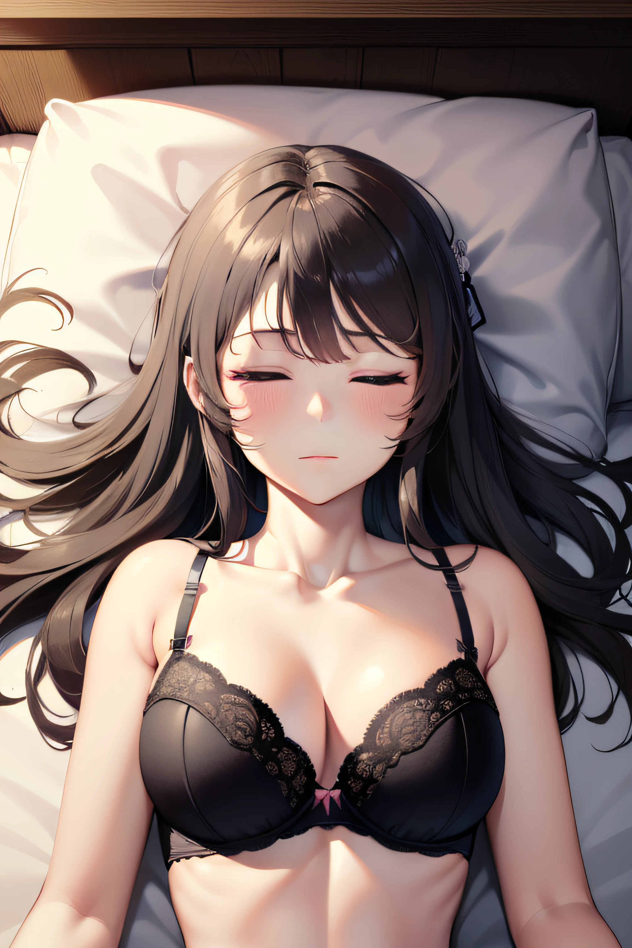 ((masterpiece, best quality, highres, UHD, perfect pixel, depth of field)), Sakurajima mai, long hair, bangs, black hair, ((smooth texture:0.95, detailed face)), ((medium breasts, cleavage)), (indoor, bedroom), busty, perfect body, ((fall asleep on the bed, supine, sleep beauty, closed eyes, closed mouth)), ((close up, POV, shot on face)), blushing, ((bra, lingerie)), natural light