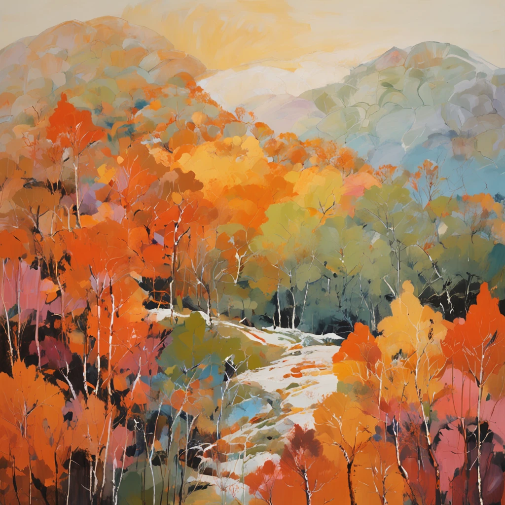 Intricate paint details of Japanese forests, par Range Murata, , nuage, couleur vive, high contrast, montagne, dessin au trait vectoriel, Faits saillants orange, Tendances dans pixiv, anime concept art, stick, Mattise, highly quality, Edge to board, Sanskrit, Montagne avec neige au sommet, soleil couchant , Small traditional house on the right, oiseau dans le ciel