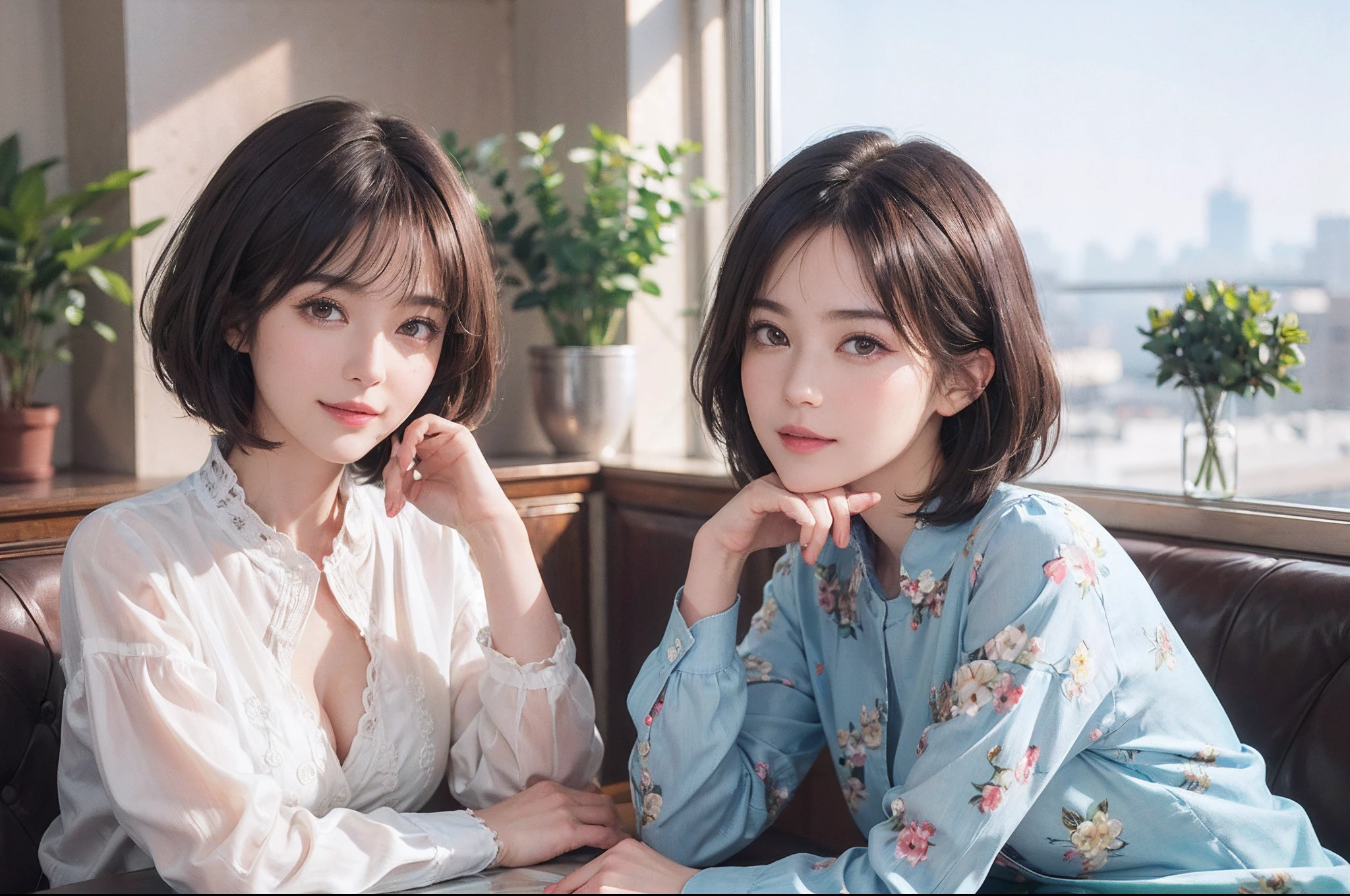 (masutepiece:1.3), (8K picture quality), Photorealsitic, Raw photo,  (Best Quality: 1.4), (1womanl), Pretty Face, (Realistic face), (A dark-haired, Short hair:1.3), Beautiful hairstyle, Realistic eyes, Detailed fine eyes, (Realistic skin), Beautiful skin, ((boobgasm)), Absurd, Attractive, Ultra-high definition resolution, the golden ratio, Very detailed, depth of fields, By the window of the café, A slight smil, Floral clothing
