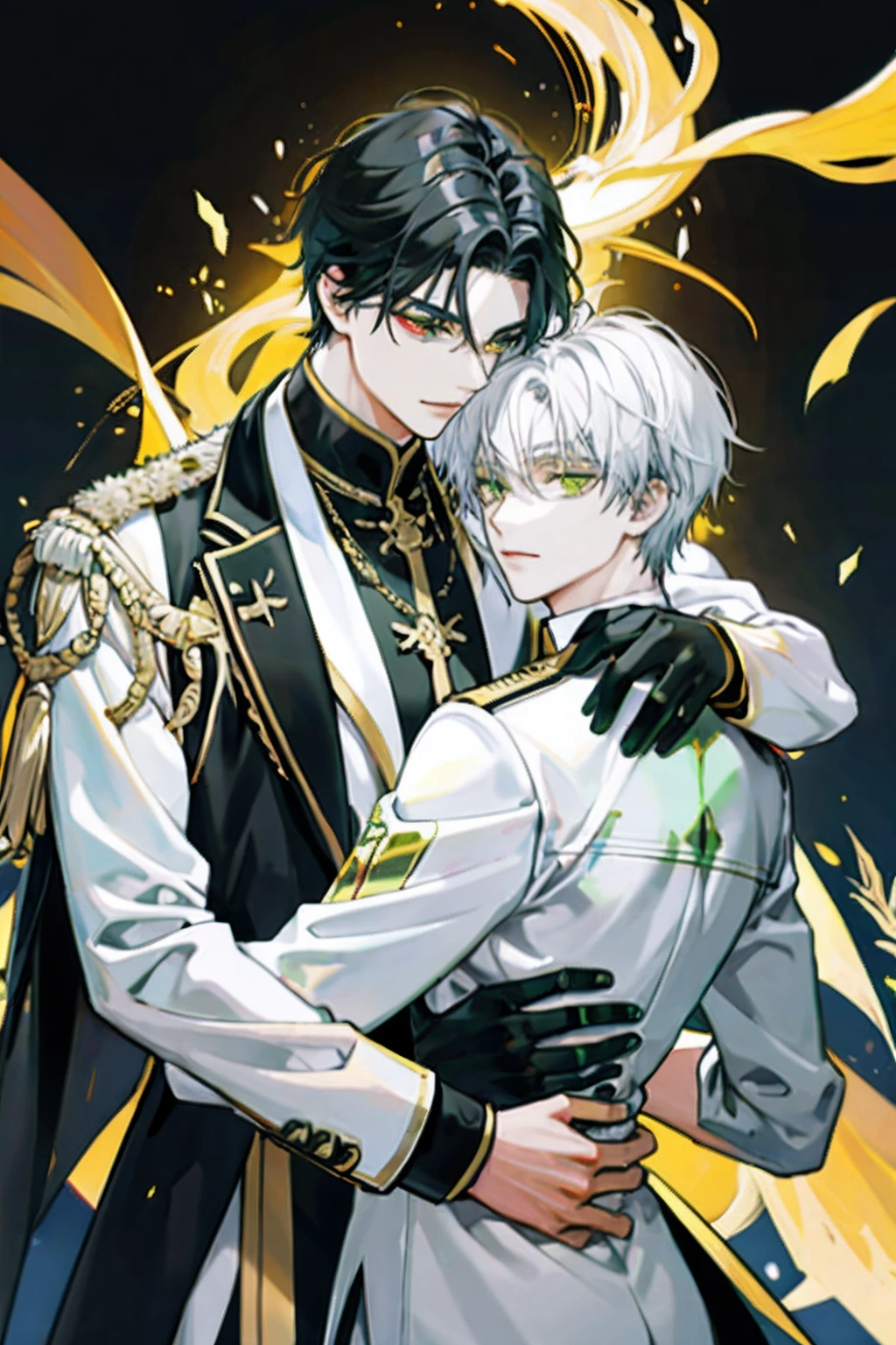 Man with black hair and golden eyes,Hug another man with white hair and green eyes
