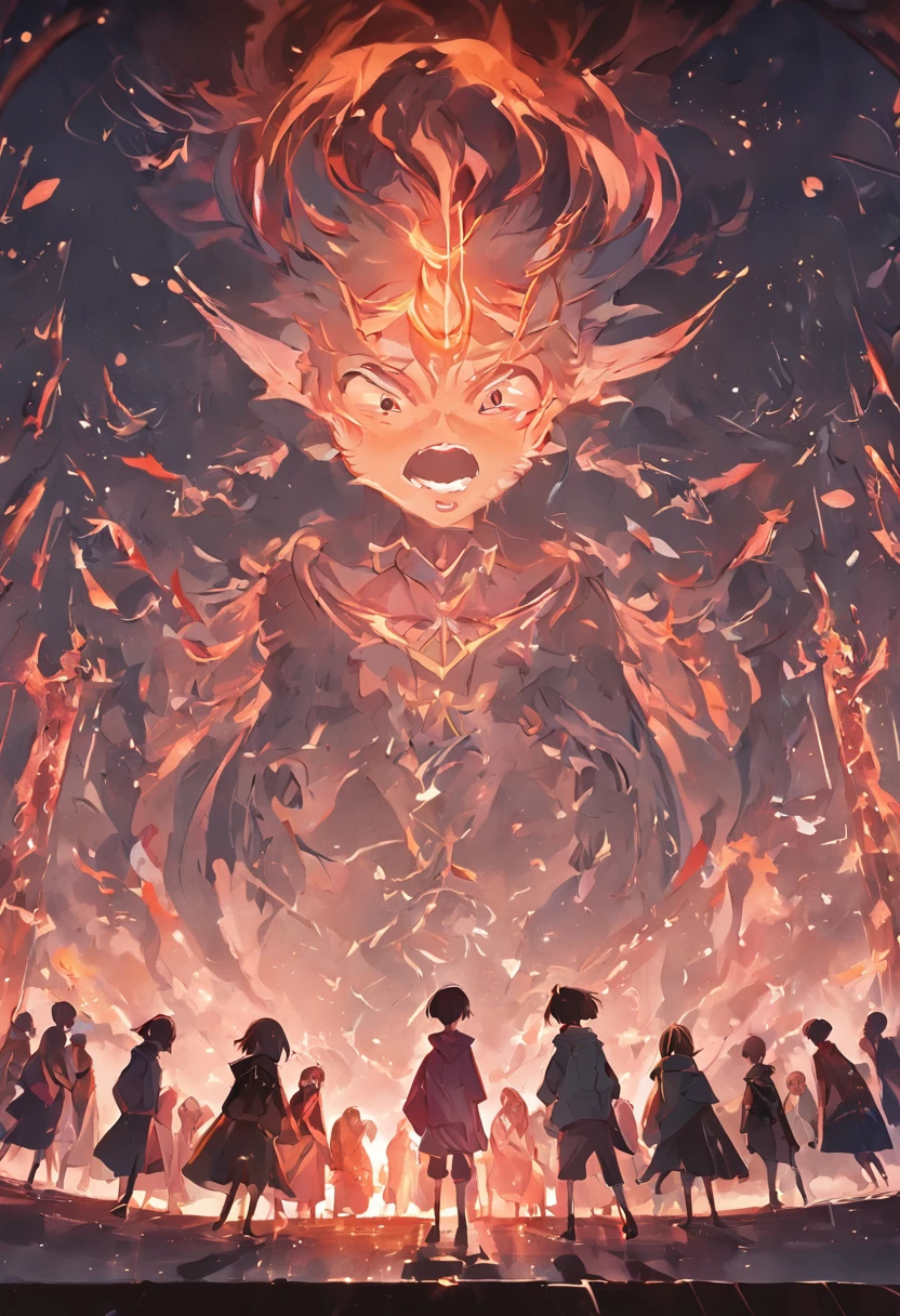 ：The picture shows a group of young students gathered in the middle of the playground，Their eyes are all focused in the same place，The expression reveals envy and jealousy。