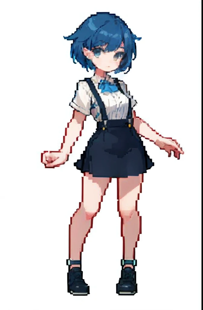 (Masterpiece, Top Quality, Best Quality), Pixel, Pixel Art, 1girl, Full Body, Suspenders, Short Skirt, Bluehaired Girl, Pretty