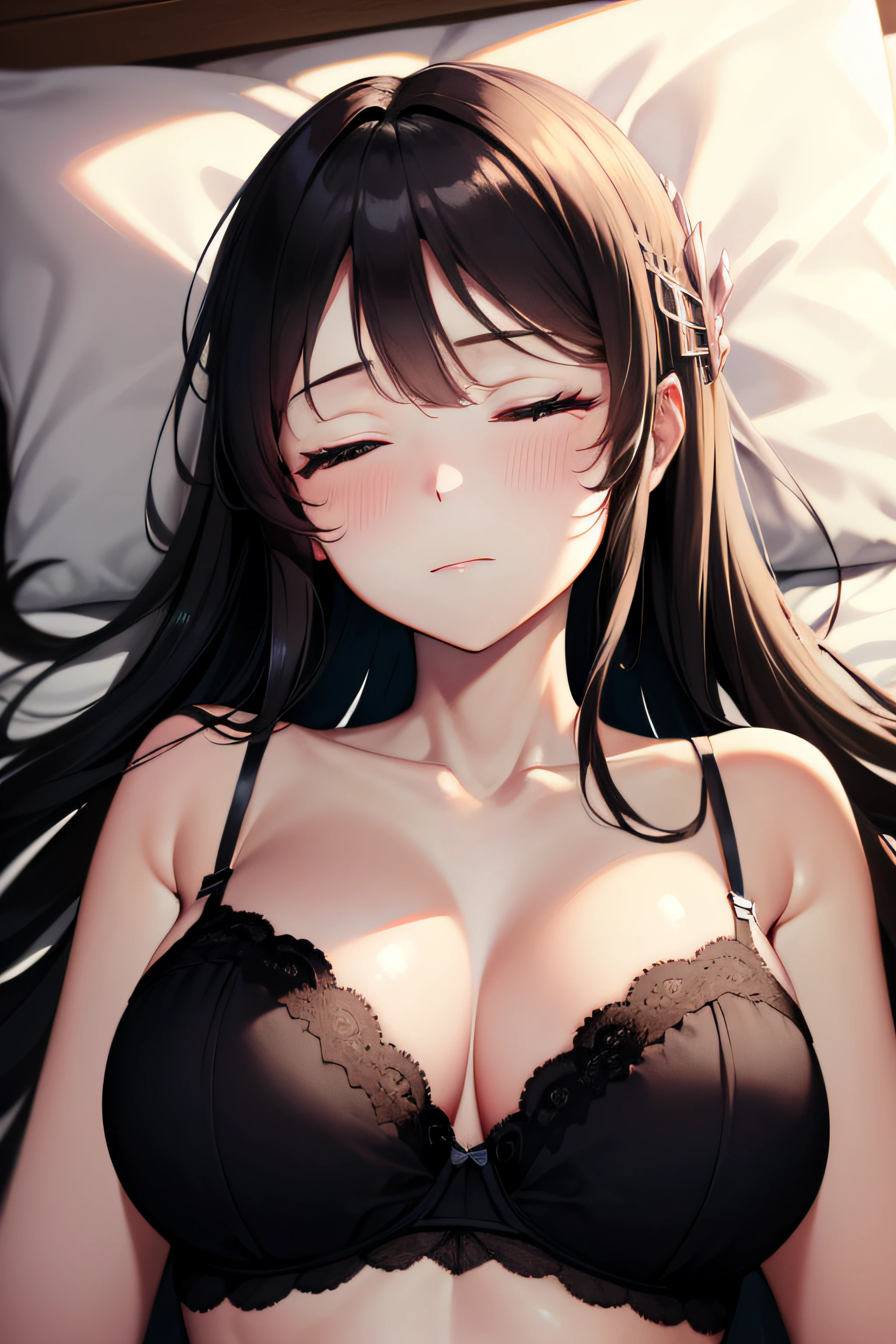 ((masterpiece, best quality, highres, UHD, perfect pixel, depth of field)), Sakurajima mai, long hair, bangs, black hair, ((smooth texture:0.95, detailed face)), ((medium breasts, cleavage)), (indoor, bedroom), busty, perfect body, ((fall asleep on the bed, supine, sleep beauty, closed eyes, closed mouth)), ((close up, POV, shot on face)), blushing, ((bra, lingerie)), natural light