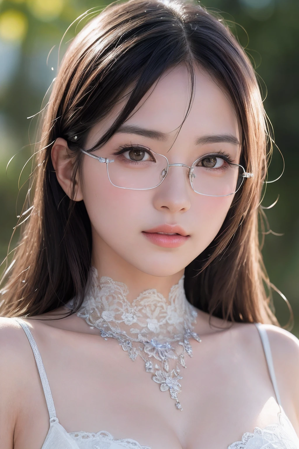 best qualityer、tmasterpiece、超高分辨率、Realistic、1 rapariga、glowy skin、((hyper realistic detailed))、Global illumination、8K、huge tit、High intricate details、Realistic light、shinning eyes、Transparent lace，lace see-through，Silver glasses，