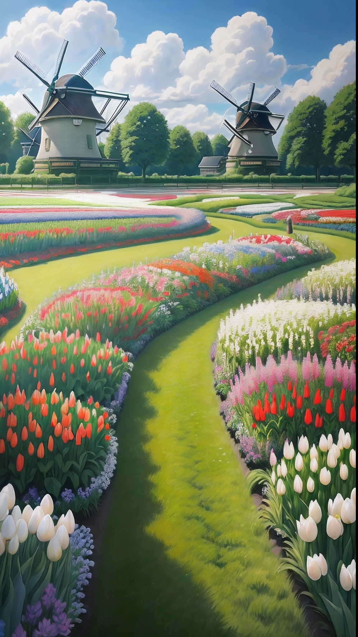 Realistic, authentic, beautiful and amazing landscape oil painting Studio Ghibli Hayao Miyazaki&#39;s  a flower's field in Keukenhof (Holland) with blue sky and white clouds. Add windmills --v6