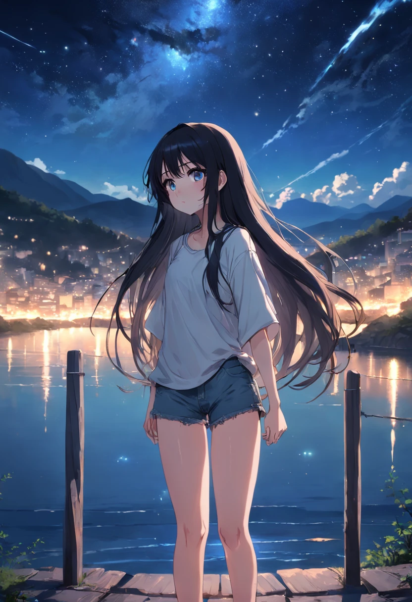 anime girl. long dark hair, grey eyes, stargazing at night am see auf einem steg, Solid white t-shirt, denim shorts,