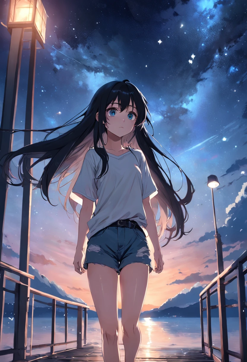 anime girl. long dark hair, grey eyes, stargazing at night am see auf einem steg, Solid white t-shirt, denim shorts,