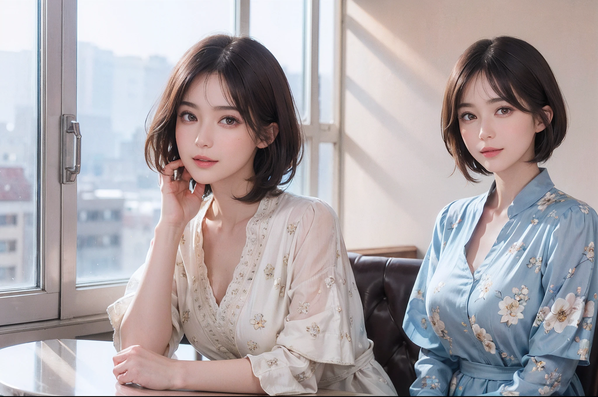 (masutepiece:1.3), (8K picture quality), Photorealsitic, Raw photo, (Best Quality: 1.4), (1womanl), Pretty Face, (Realistic face), (A dark-haired, Short hair:1.3), Beautiful hairstyle, Realistic eyes, Detailed fine eyes, (Realistic skin), Beautiful skin, ((boobgasm)), Absurd, Attractive, Ultra-high definition resolution, the golden ratio, Very detailed, depth of fields, By the window of the café, A slight smil, Floral clothing