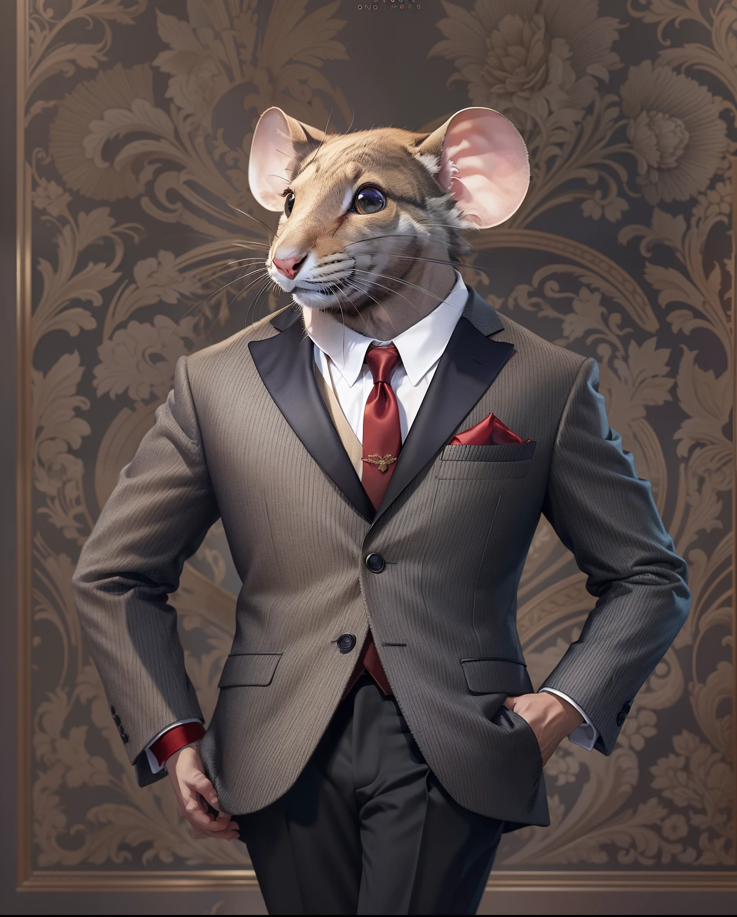 Design a captivating magazine cover showcasing a single mouse dressed impeccably in a custom-tailored suit, emphasizing the minute details of the outfit's quality and style, set against a classic, luxurious backdrop, an atmosphere of elegance and refinement, Illustration, digital art