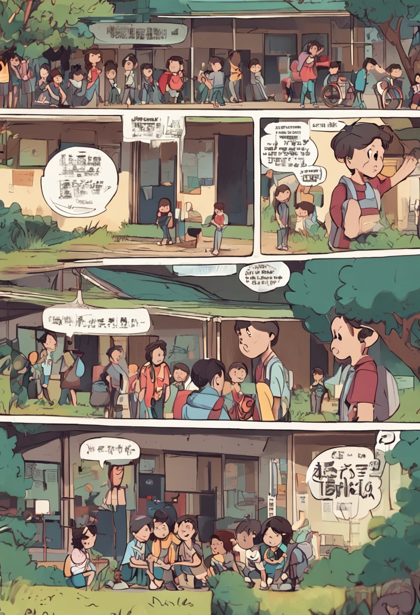 The picture shows a group of young students gathered in the middle of the playground,Their eyes are all focused in the same place,The expression reveals envy and jealousy。