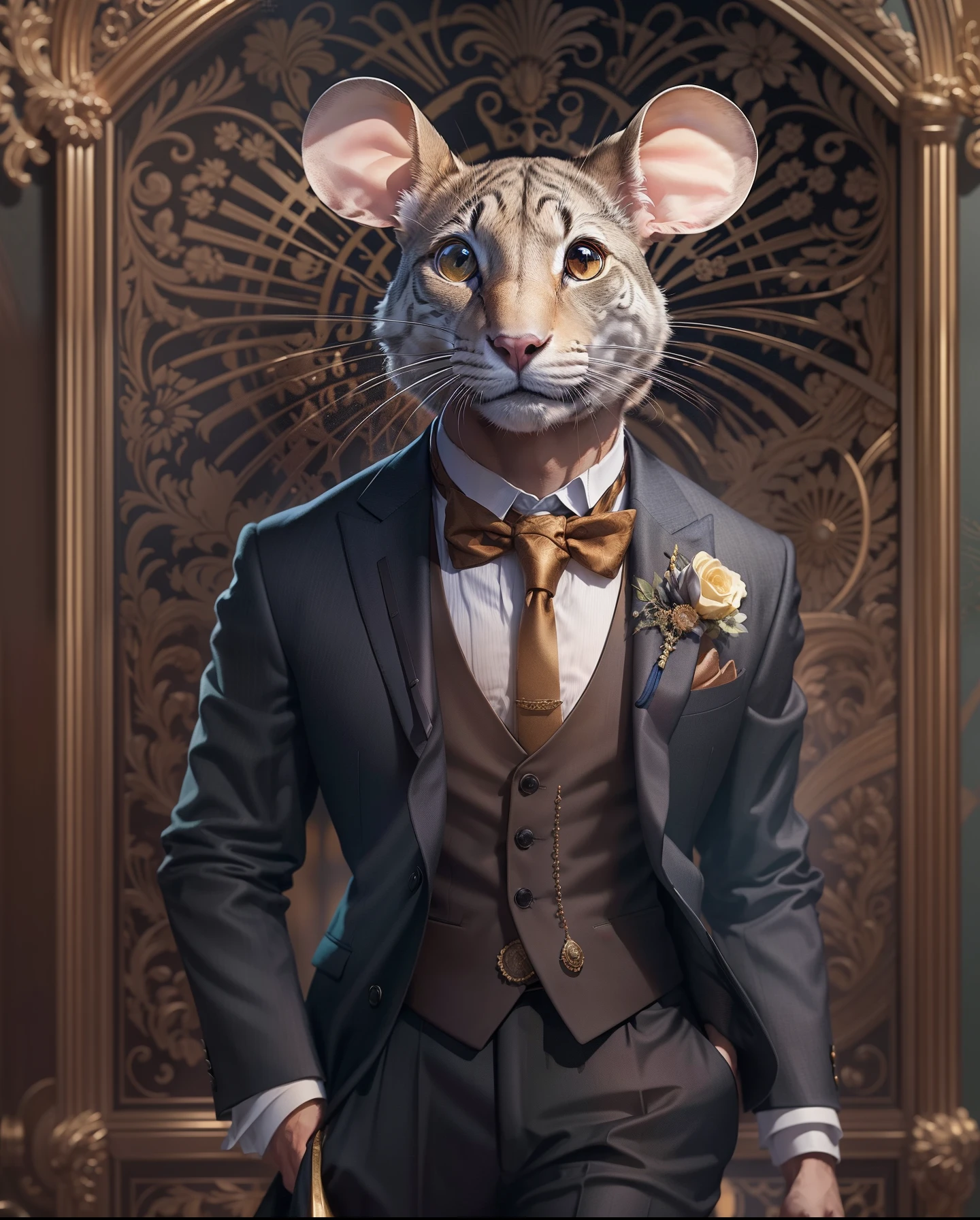 Design a captivating magazine cover showcasing a single mouse dressed impeccably in a custom-tailored suit, emphasizing the minute details of the outfit's quality and style, set against a classic, luxurious backdrop, an atmosphere of elegance and refinement, Illustration, digital art