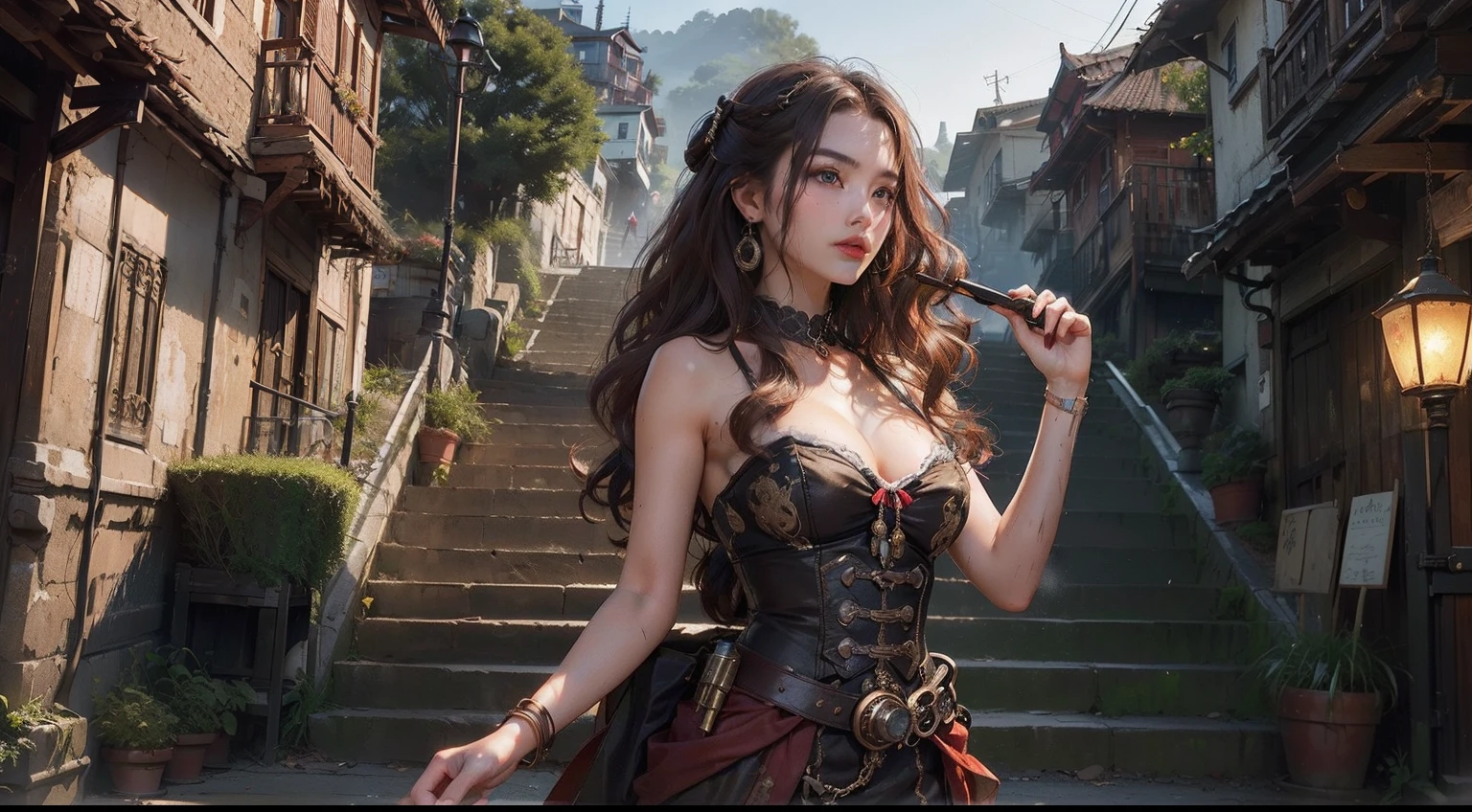 (realisitic,Photorealsitic:1.4),(1 beauty:1.3),(beautiful countenance:1.5),Detailed shiny skin,A detailed eye,Precise hands and fingers,8K HDR, , ​masterpiece, (Dynamic Angle Video),电影灯光, Finely drawn backgrounds,(steampunc,A town with many stairs,Decadent,scientific fiction,mud, Dust and dirt,Traces of war:1.2),Beautiful Vietnamese,Summer clothes,red brown hair,Aristocratic hairstyles,Curly hair, thin waist,Tightened body,There are many stairs,Bold poses,Composition seen from the side,Colorful clothing,Colorful earrings
