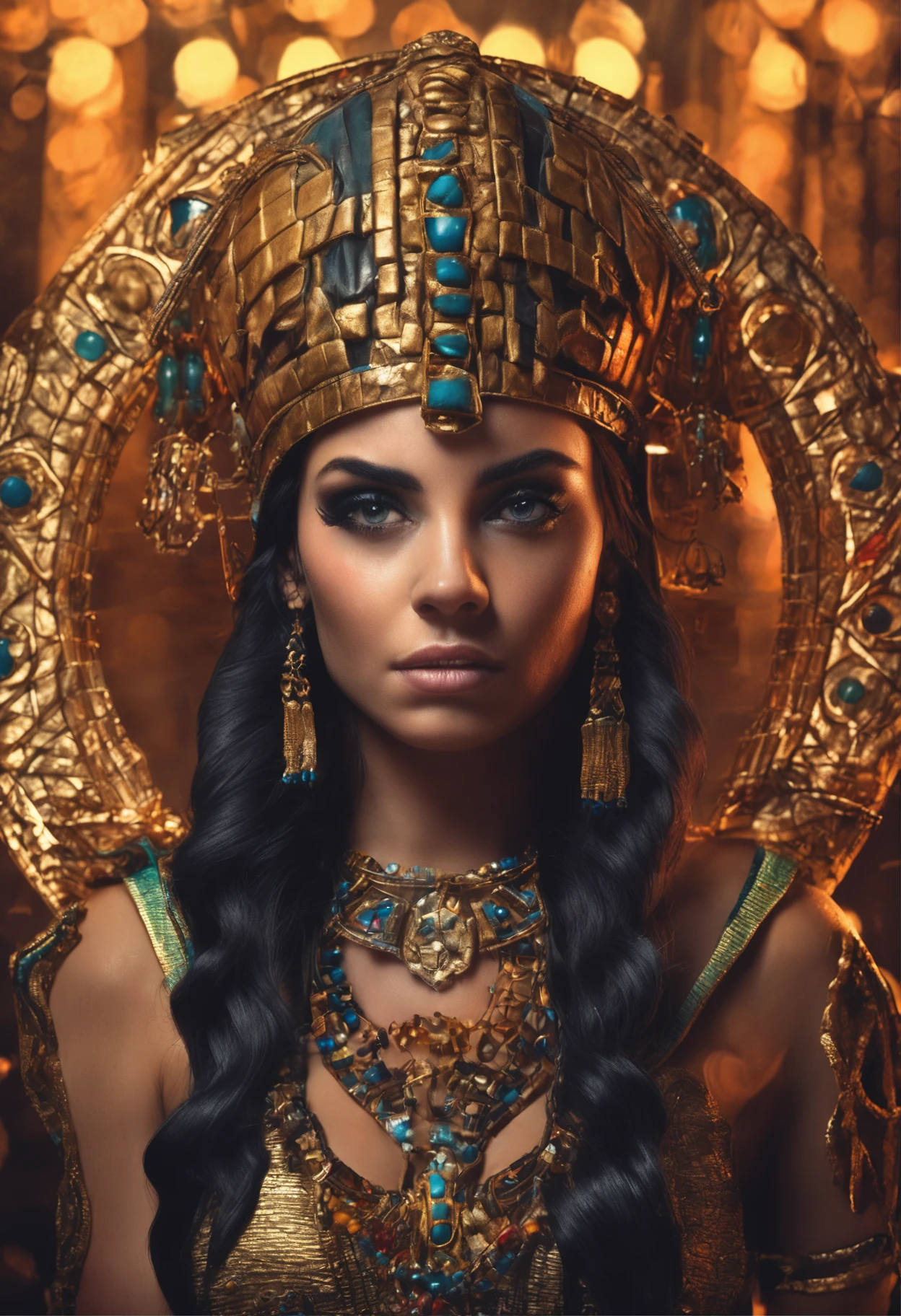 hyper-realistic beautiful portrait of Cleopatra, beautiful face, pretty eyes, camera facing, wearing egyptian crown, dramatic background, cinematic light