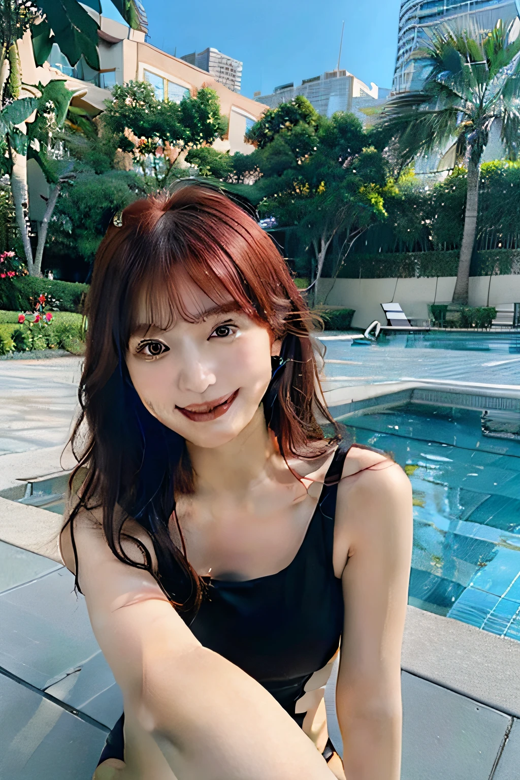 low angles, in poolside, Smile, Red long hair、Looking here、Black swimsuit、piece sign