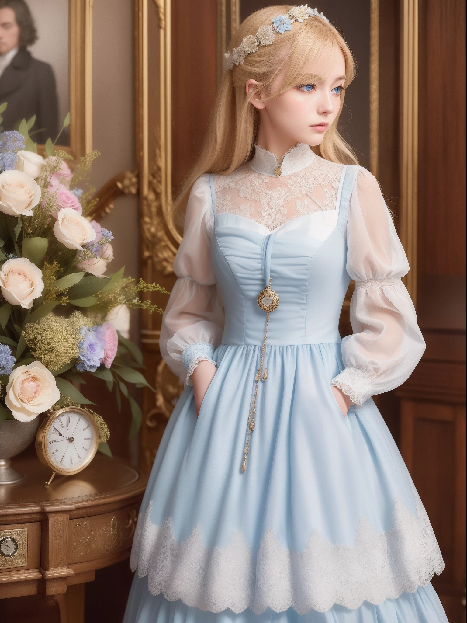 Girl with pocket watch、Noble white lace dress、blond、Blue eyes、Authentic、envelope、charact、florals、Realistic skin details、Full-time、The space of numbers、Nostalgic photos、Real Human、8K quality、Authentic、pocket watch、clock、European antiquity、nobles、Versailles style、Rococo style、epistle、correspondence