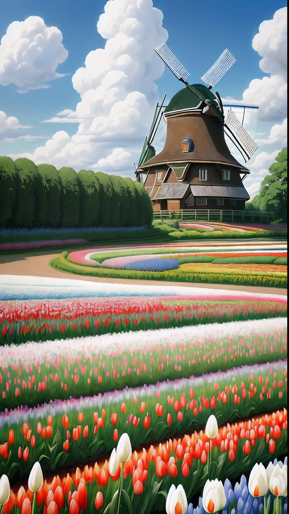 Realistic, authentic, beautiful and amazing landscape oil painting Studio Ghibli Hayao Miyazaki&#39;s  a flower's field in Keukenhof (Holland) with blue sky and white clouds. Add windmills --v6