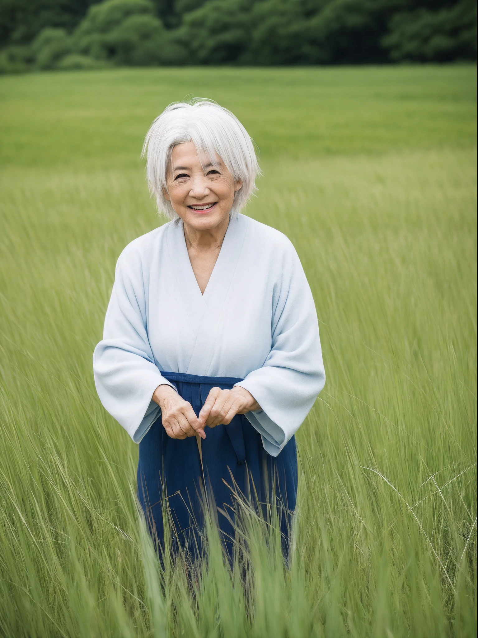 Superior Quality, 1 persons,masterpiece,80-year-old Asian woman, japanes,grandmather,(((white hair)),Background of the field