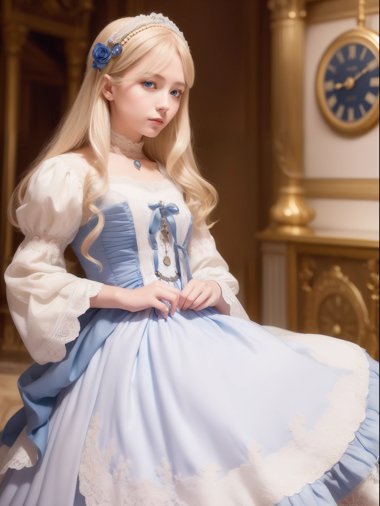 Girl with pocket watch、Noble white lace dress、blond、Blue eyes、Authentic、envelope、charact、florals、Realistic skin details、Full-time、The space of numbers、Nostalgic photos、Real Human、8K quality、Authentic、pocket watch、clock、European antiquity、nobles、Versailles style、Rococo style、epistle、correspondence