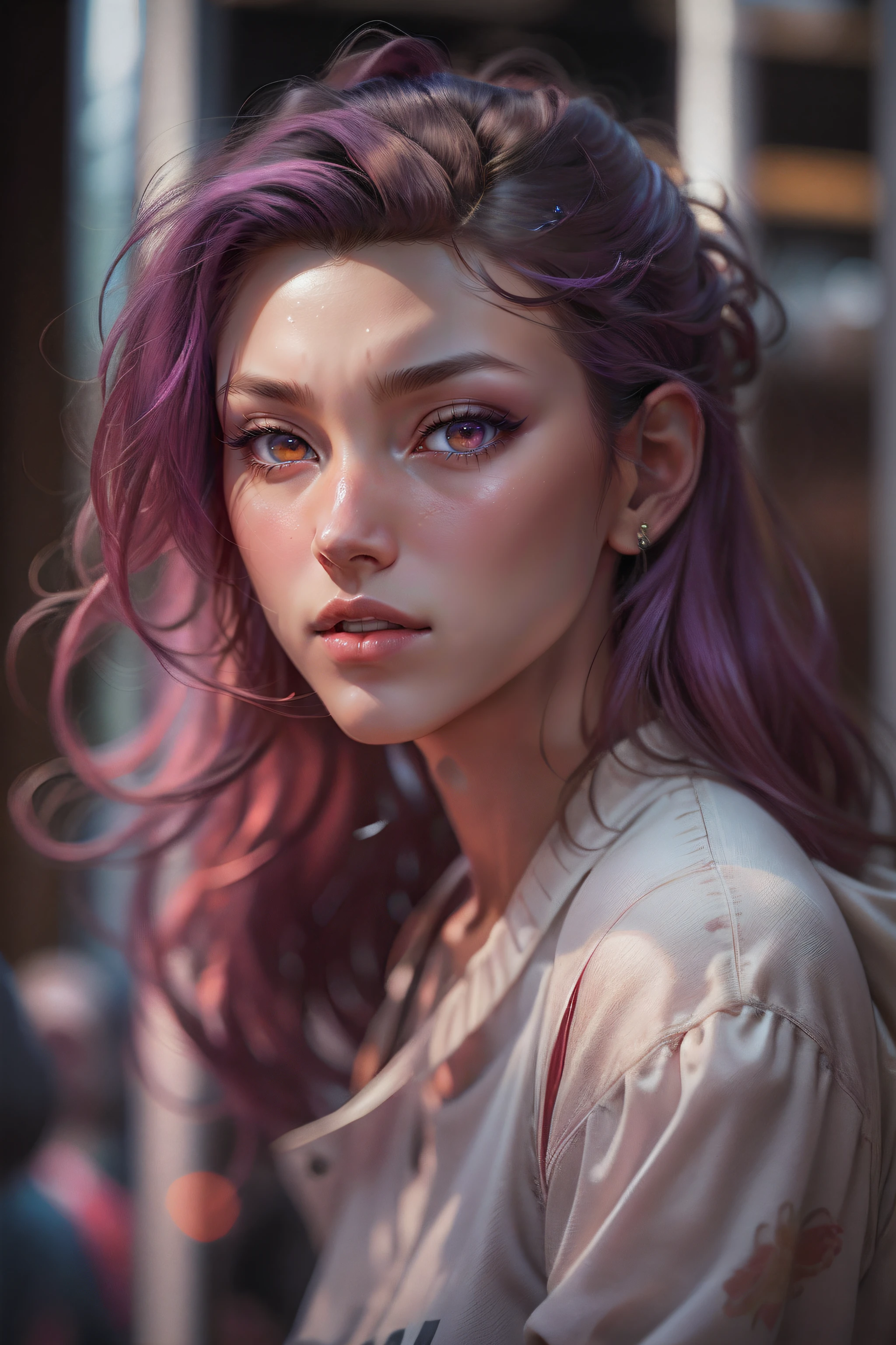 masutepiece,Best Quality,ultra-detailliert,hight resolution,in 8K,8K Portrait,Unity 8k壁纸,extremely details CG,Realistic,Raw photo,Real person,a portrait photo of,Photorealsitic,Shiny skin,Detailed skin, {{{Gisele Bündchen}}},Dynamic Angle,From above,{{{{Gisele Bündchen}}}},Dynamic Angle,Wide Shot,{{{stature:At about 180 cm,Standard height of the model}}},{{{Hair color: purple }}},{{{Eye color:red yellow}}},{{{body type:Slender and muscular}}},{In the modeling industry{high fashion}with the{Sports Illustration}Because she's successful in both},{Have an athletic figure},{Features: sharp and high cheekbones,long snout,Crisp eyebrows},{{{Dynamic Angle Wide Shot}}},{{{Gisele Bündchen}}}},Dynamic Pose,{{{(PAW Pose:0.5)}}},{{{{Supermodel Gisele Bündchen}}}},{{{{Beautiful face,honey eyes,Hyper realistic,ultra realistic textures}}}},{NSFW,8k RAW photo, top-quality,masterpiece,超A high resolution,film grains,1girl in,looking at the viewers,natural skin textures,realistic eyes and face details,Full lips},{{{Dynamic Angle Full Body}}},Portraits of real people, red eyes, piercings, microphone, singing, {{{{PURPLE HAIR}}}}, {{{RED EYES}}}