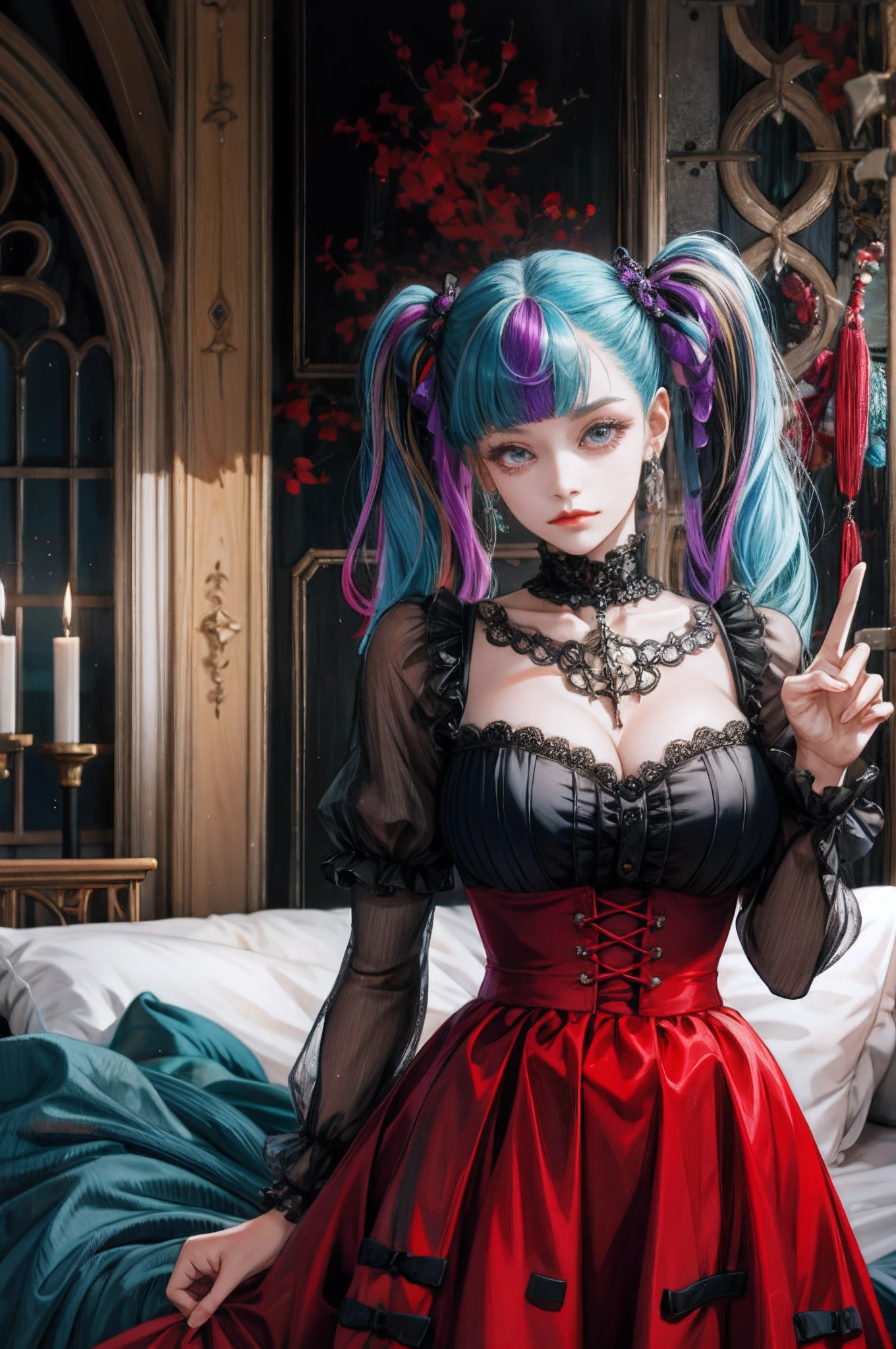 girl: 1.5, High quality, Twin-tailed, "multicolored hair, Shirt with pieces, Check flared skirt, Large breasts, Messy room, Bright room, gothic room, Translucent Yokai