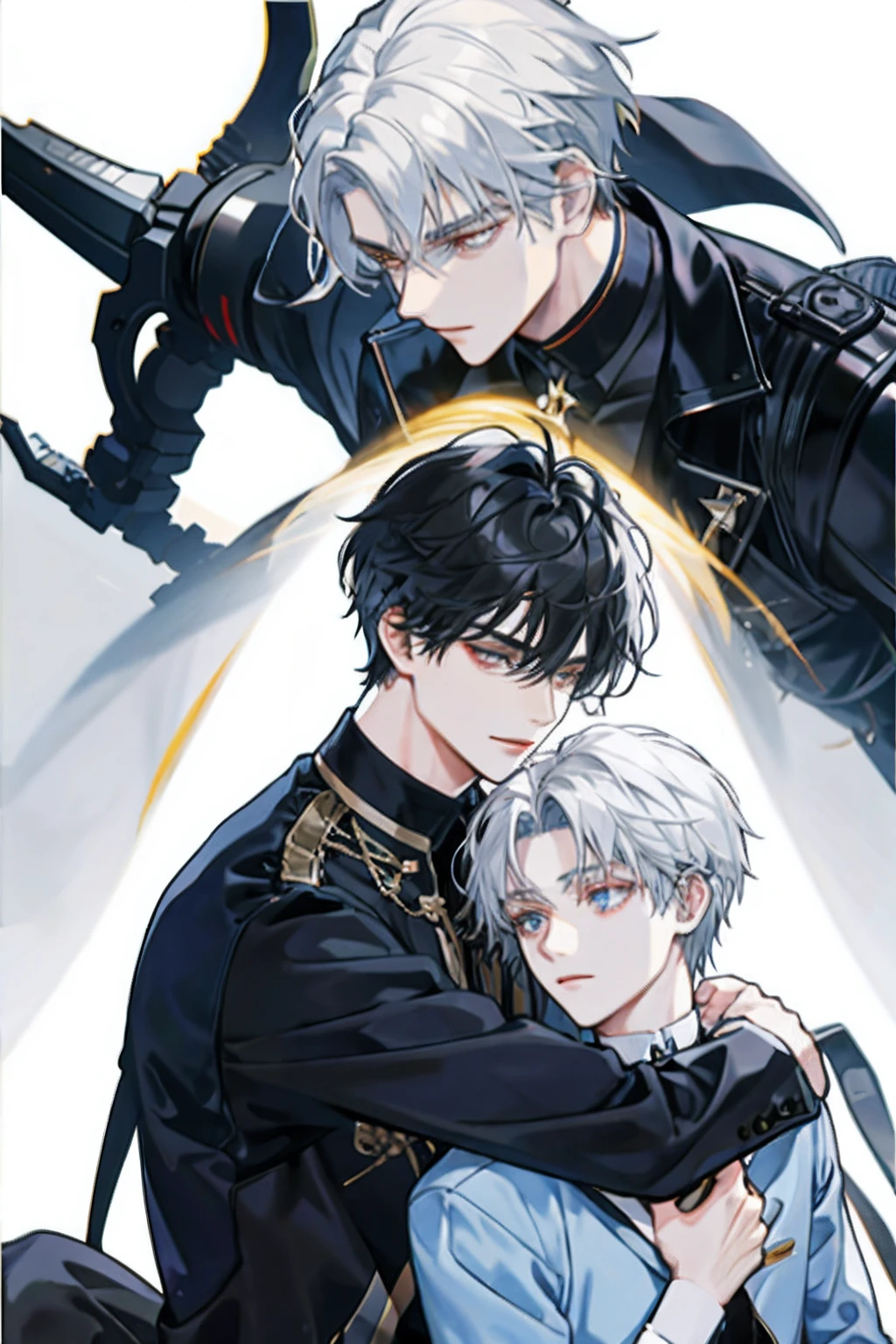 （There were only two men）Black-haired man，Golden eyes hugging another man with white hair