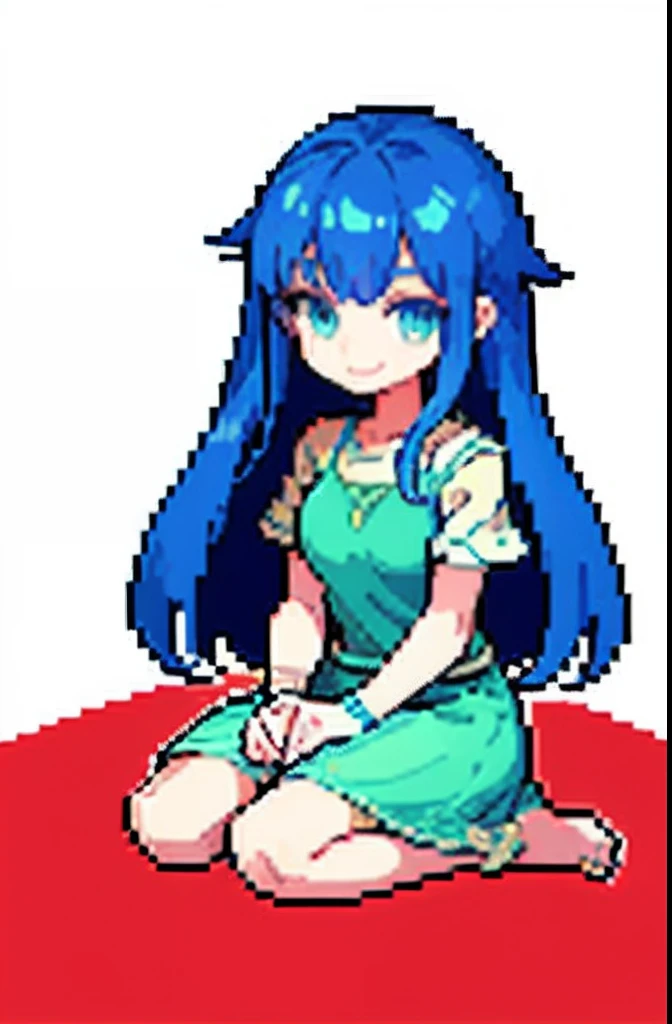 pix, Pixel art, 1girll, Blue hair, sitting down on the floor, Body, Smile, cozily,