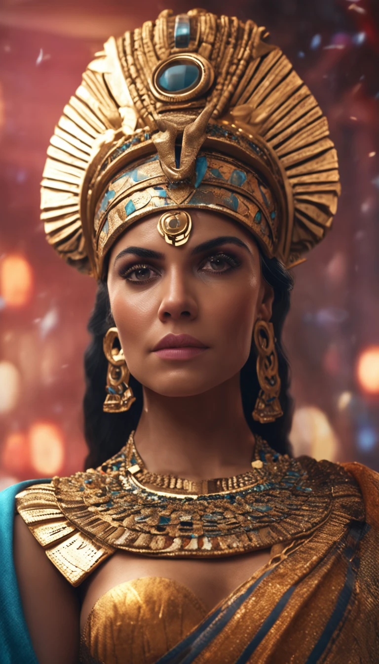 hyper-realistic beautiful image of Cleopatra, beautiful face, pretty eyes, standing, full body camera facing, wearing Egyptian crown, dramatic background, cinematic light,