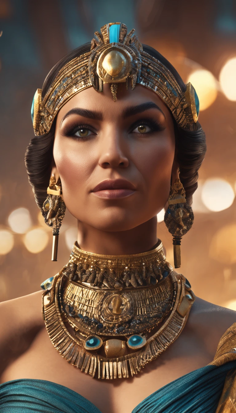 hyper-realistic beautiful image of Cleopatra, beautiful face, pretty eyes, standing, full body camera facing, wearing Egyptian crown, dramatic background, cinematic light,