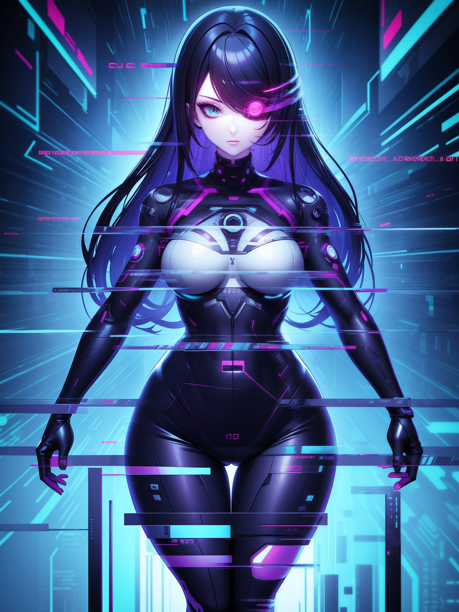 Style: Glitch,glitch style {prompt} . digital error, distorted, cyber, detailed, analog, undistorted, organic, curvy woman in a catsuit floating, t-pose, cyborg eye, cables attached to body, Matrix symbols
