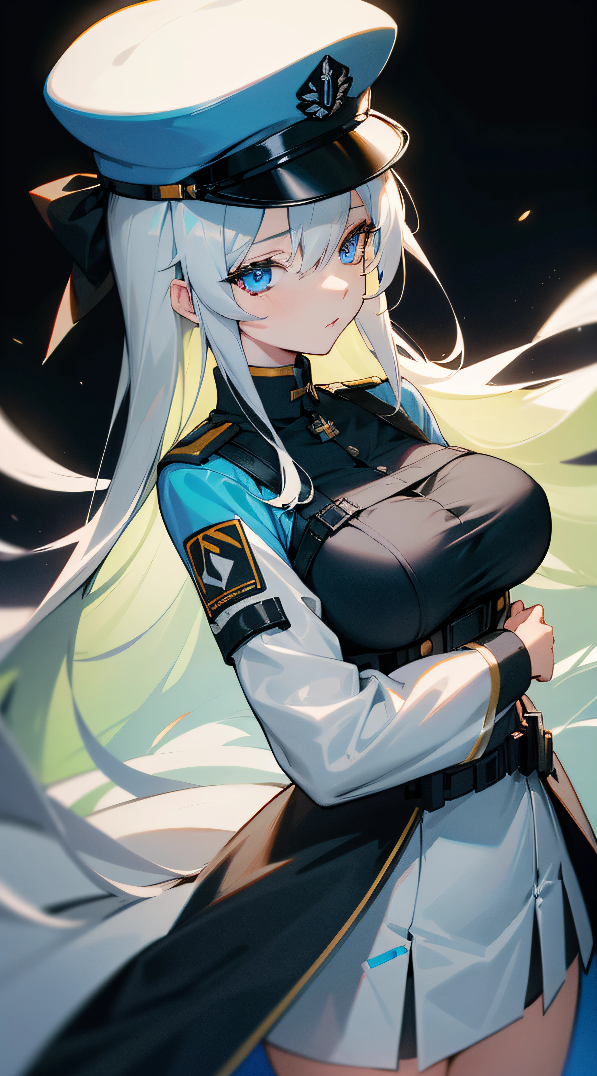 HD, high resolution, anime, waifu, a closeup of a woman in uniform with hat, frontline girl, huge breasts, Azur runway style, fine details, blue eyes frontline girls, frontline style girls , white haired deity, Azur Lane characters, big breasts, From the Azur Lane video game, Frontline girls, inspired by Li Chevalier, white hair, frontline girls, Universe Girls Frontline, from arknights, blue eyes, hat of military, black background.
