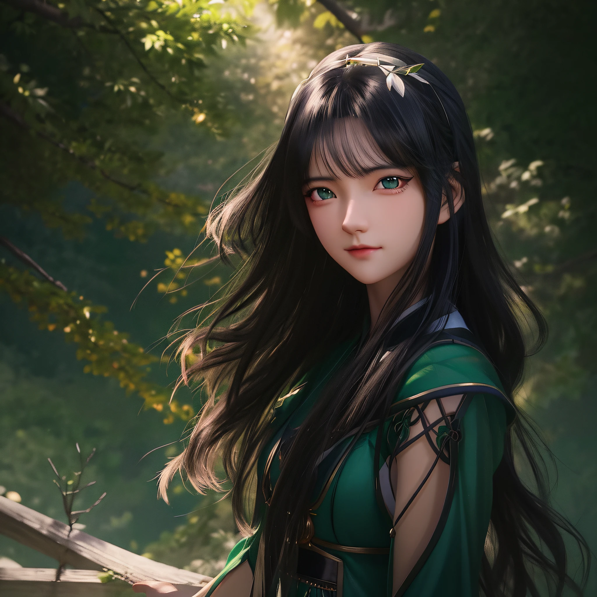 Anime girl with long black hair and blue eyes in a green dress, Artgerm and Atey Ghailan, by Yang J, author：ruanjia、stanely artgerm, artgerm portrait, Beautiful character painting, Stanley Ateg Liu, Art germ. anime illustration, Guviz-style artwork, art-style