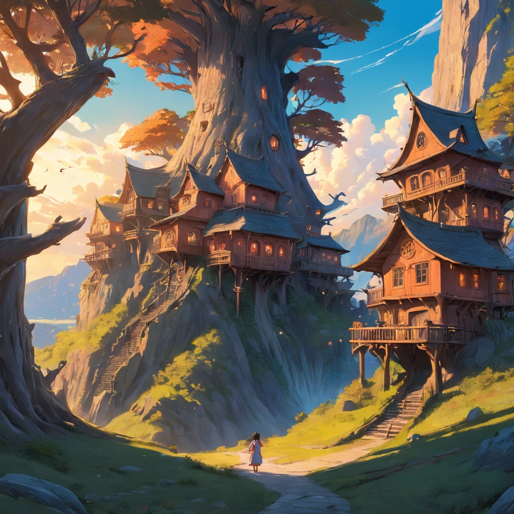 valley, fairytale treehouse village covered, , Matte painting, Highly detailed, Dynamic lighting, Cinematic, Realism, Realistic, photoreali, Sunset, Detailed, High contrast, denoised, Centered, Michael Whelan