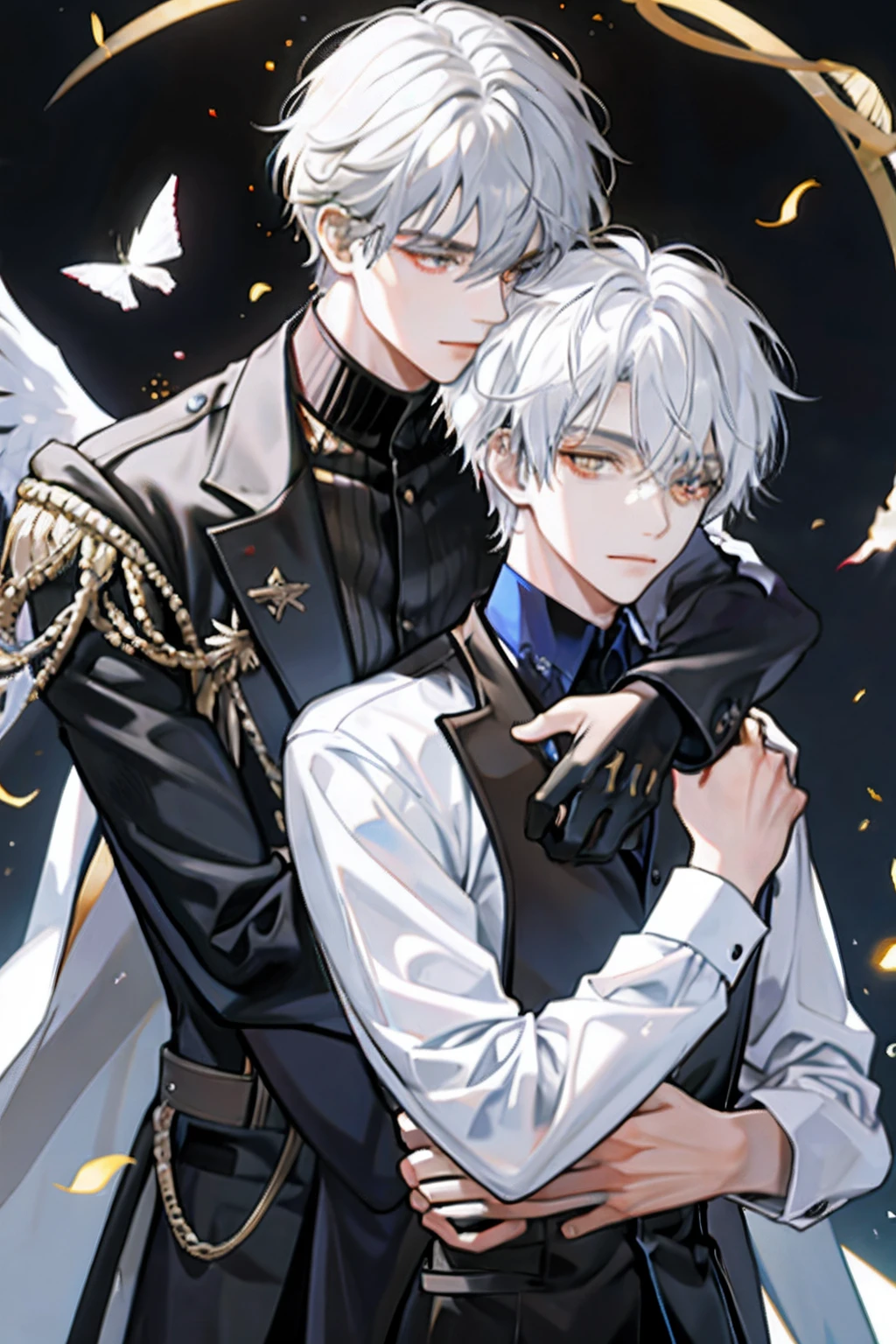 (There were only two men)Black-haired man,Golden eyes hugging another man with white hair