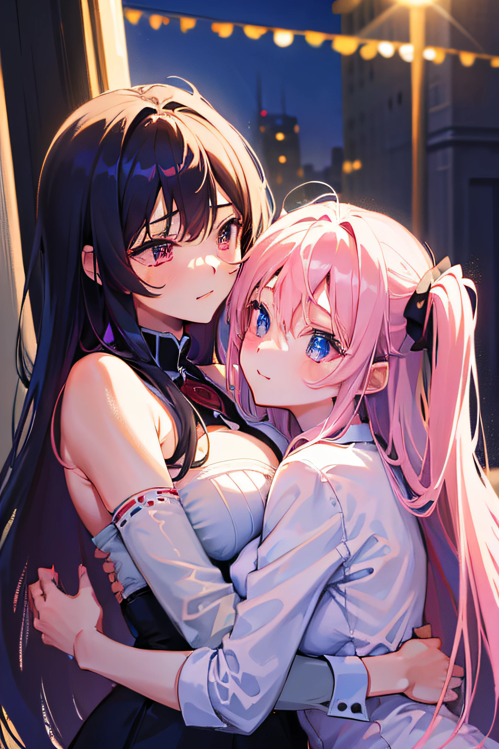 2girls, Romantic scenes,One has long pink hair...Blue Eyes.. ,The other has long black hair.....Red Eyes.., High Quality, couple , Girls love girls................, Yuri ,A Beautiful Girl, lesbian, Dual Night Lights, dim lighting. romantic,Expressions of love .master-piece. ', bestquality, high-res, White Page, ((Faces with many details, hair, Skin, eye)), Symmetrical equilibrium, intricate detailed, light rays, Ray Thrashing,With high resolution、high-detail、For girls only、Cuddly、anime、Whitening Skin, midnight、Yuri、 A Beautiful Girl、lesbian、 love、 Expressions of love、 lover、 Shy Girl、 caress、 A Beautiful Girl、 adolescent,body plump,large boobs, Embarrassed、 romantic, city scape,adolescent, Streetwear
