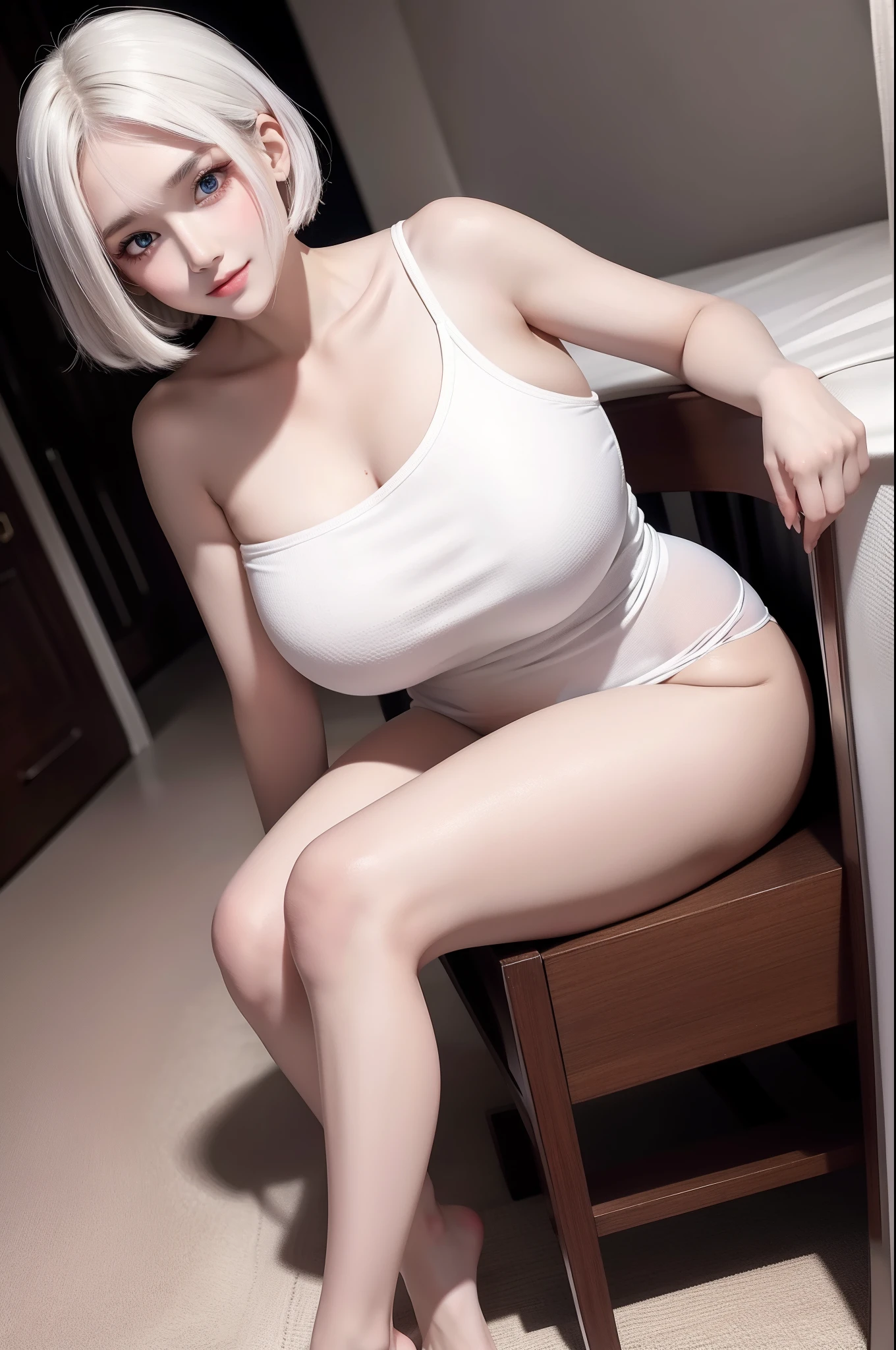 Beautuful Women,Height is 170 cm,Leg length 110 cm,Bust 110 cm,Fair complexion,with short white hair,Sexy hot and spicy tong,Plump buttocks,Slender figure,no underwares,Drape bath towel(soaking wet),Unable to cover the overroom,Slender figure,seductiv,short detailed hair,an award winning photograph, Best quality, Masterpiece, woman, Exquisite facial features,eyes with brightness,Big eyes,The expression is cheerful,grin,Very white, Very white, The complexion is very fair,hyper realistic lifelike texture