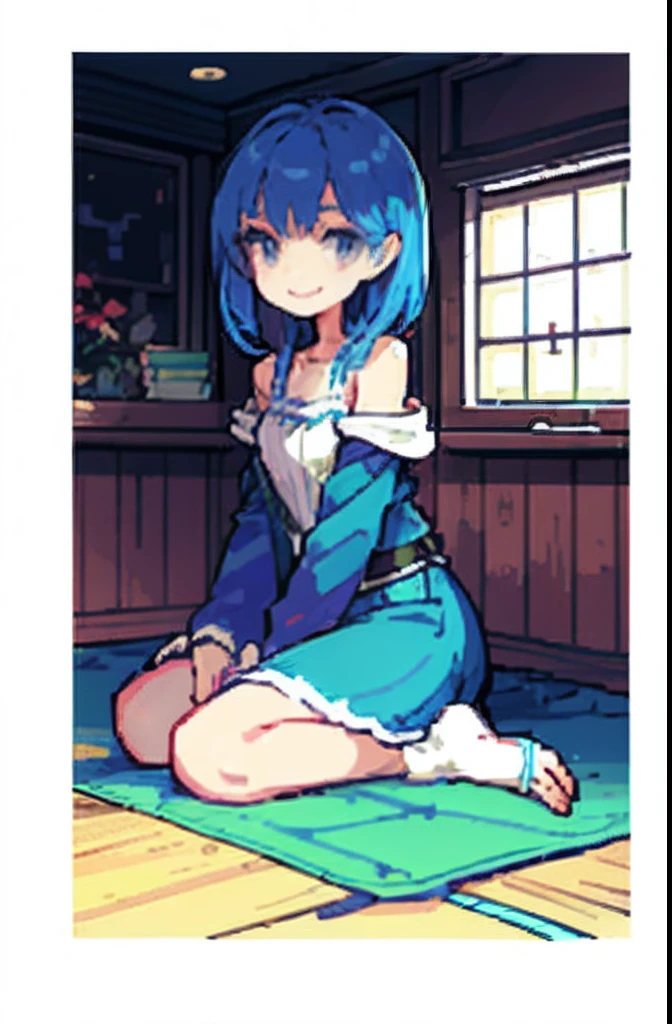 pix, Pixel art, 1girll, Blue hair, sitting down on the floor, Body, Smile, cozily,