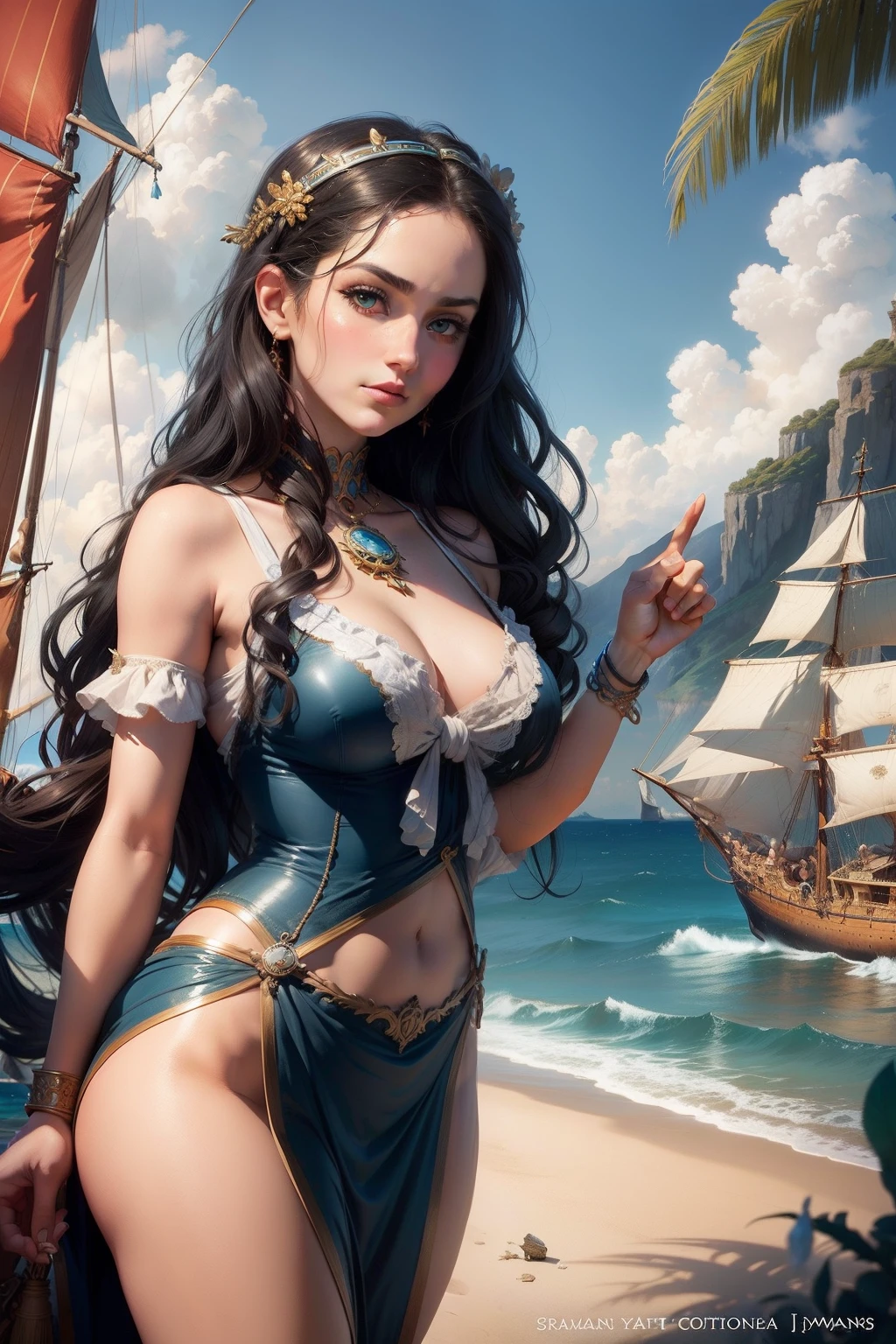 A drawing of a beautiful greek muse, pointing to a sailing ship, background is ocean horizon, mood is inspirational, motivational, harmonious, revealing, daytime light, character design, art by Mark Ryden, Greg Simkins, Jason Limon, Dan Quintana.