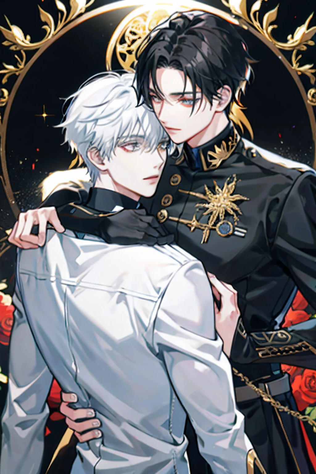 (There were only two men)Black-haired man,Golden eyes hugging another man with white hair