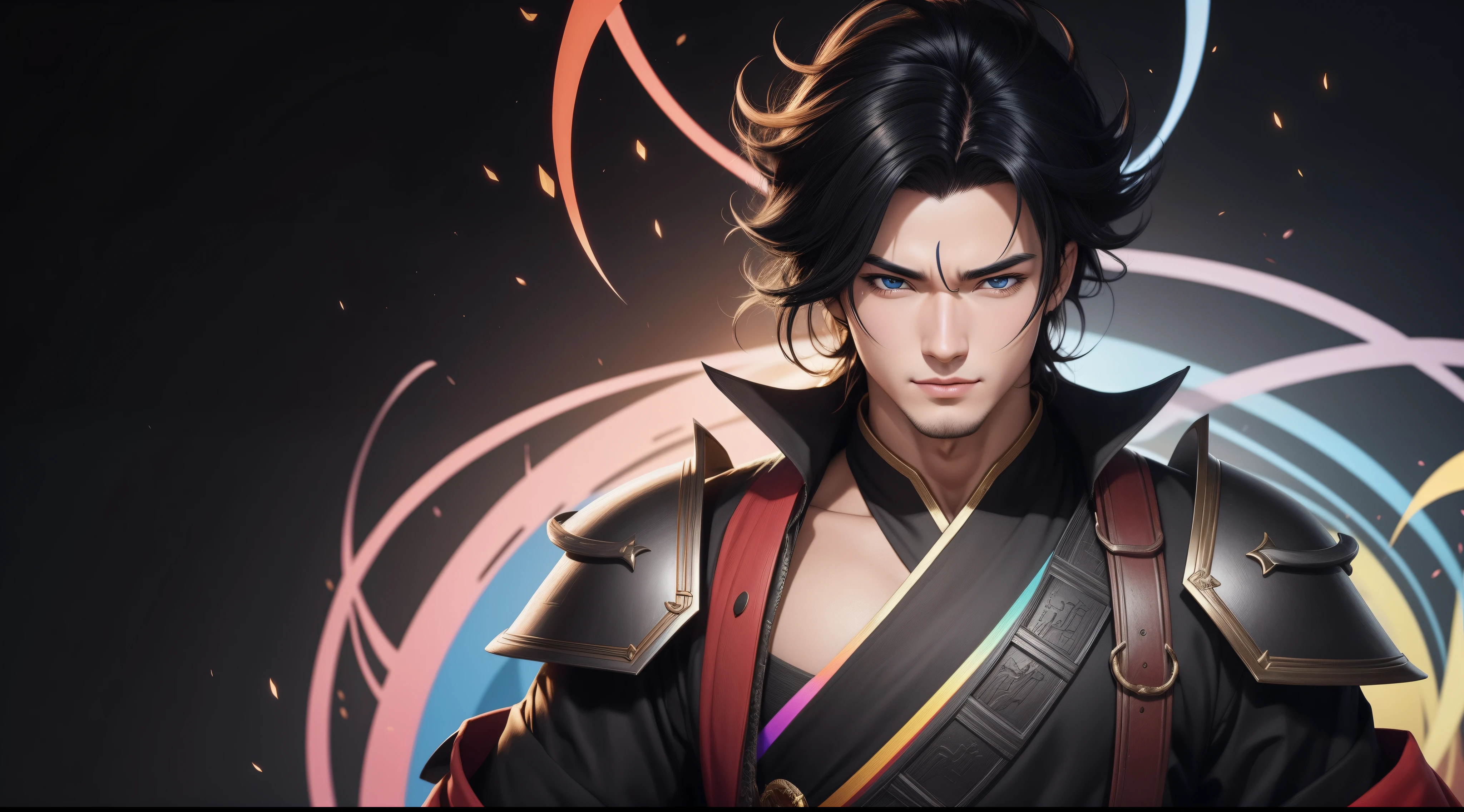 "Cheerful Madara 20 years old is a real masterpiece with masculine beauty, perfect anatomy. Olpntng style, colorful rainbow, black samurai outfit, clean design, epic Instagram, artstation, full streaks of colored paint, circles, outlines. When you look at his beautiful eyes, you will clearly see every little detail and perfect line, every detail on the skin is beautiful in 8K quality, people We will be captivated by the confidence radiating from every look. His head has black hair and his face is drawn meticulously in every detail with 8K image quality.''