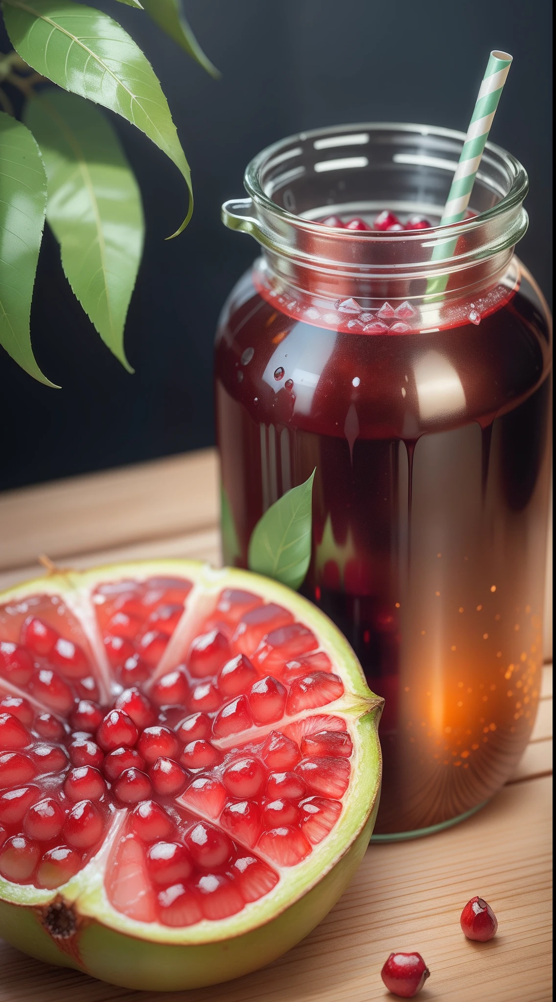 A fresh one, Juicy pomegranate with ice and leaves, Place next to a cute Dr. Pepper jar. Use bright colors to create an enticing and pleasing image.