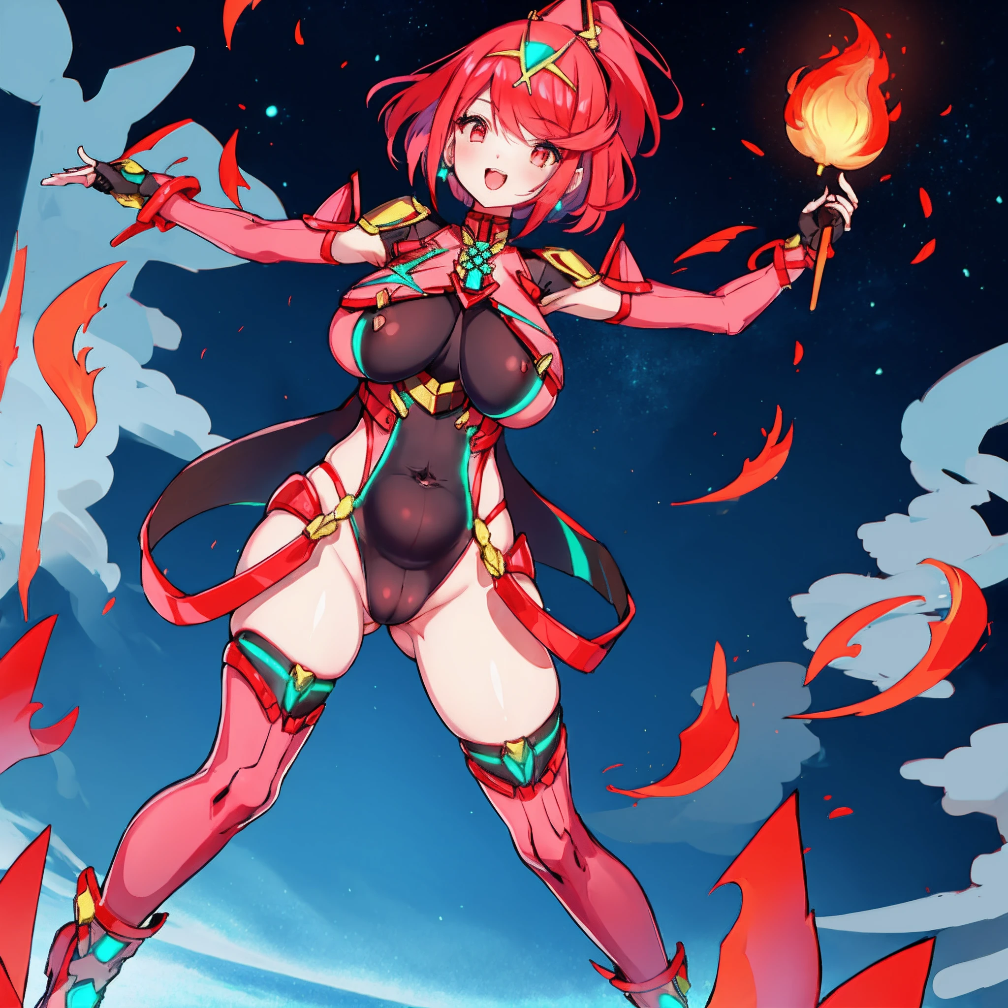 pyra \(xenoblade\), teen_1girl, loli, bangs, black gloves, breasts, red eyes, light_open_mouth, earrings, eyelashes, fingerless gloves, floating hair, , gem, gloves, hair ornament, headpiece, jewelry, big_breasts, leaning back, swimsuit, neon trim, official art, pose, red hair, saitou masatsugu, short hair, sidelocks, skin tight, solo, swept bangs, thighhighs, tiara, fantasy_town_background, underbust, xenoblade chronicles \(series\), (xenoblade chronicles 2), (spread_legs:1.1), fire_effect,dynamic_pose,fighting,light_smile, (plump:1.1), big_ass,huge_sword, hold_large_sword_hilt, covered_nipples, covered_pussy,back_view, fists,ponytail,plump,beautiful_fingers,(solo:1.1), bare_shoulder,