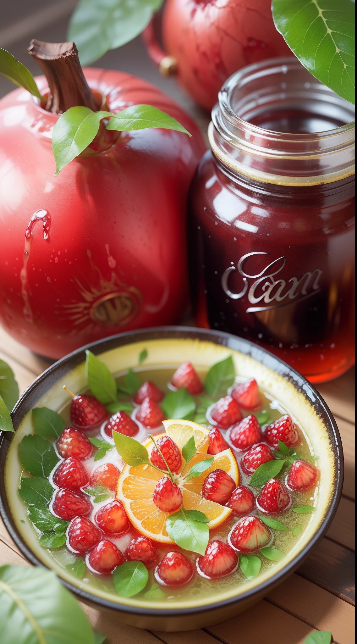 A fresh one, Juicy pomegranate with ice and leaves, Place next to a cute Dr. Pepper jar. Use bright colors to create an enticing and pleasing image.