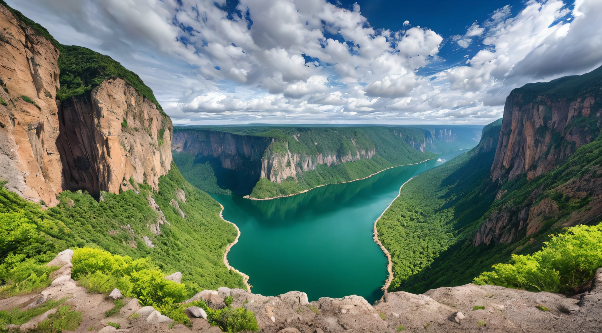 Masterpiece, ultimate quality, Cg unity 8k wallpaper, super delicate, beautiful sky and clouds, rich natural scenery, cliffs, lakes and rivers, waterfalls and flying water, beautiful green mountains, no trace of people, excellent scenery, has already won a photo contest, background Blurring, full depth of field, HDR high dynamics, true restoration, intricate, extreme details, dramatic presentation, perfectly presenting the style of midjourney art.