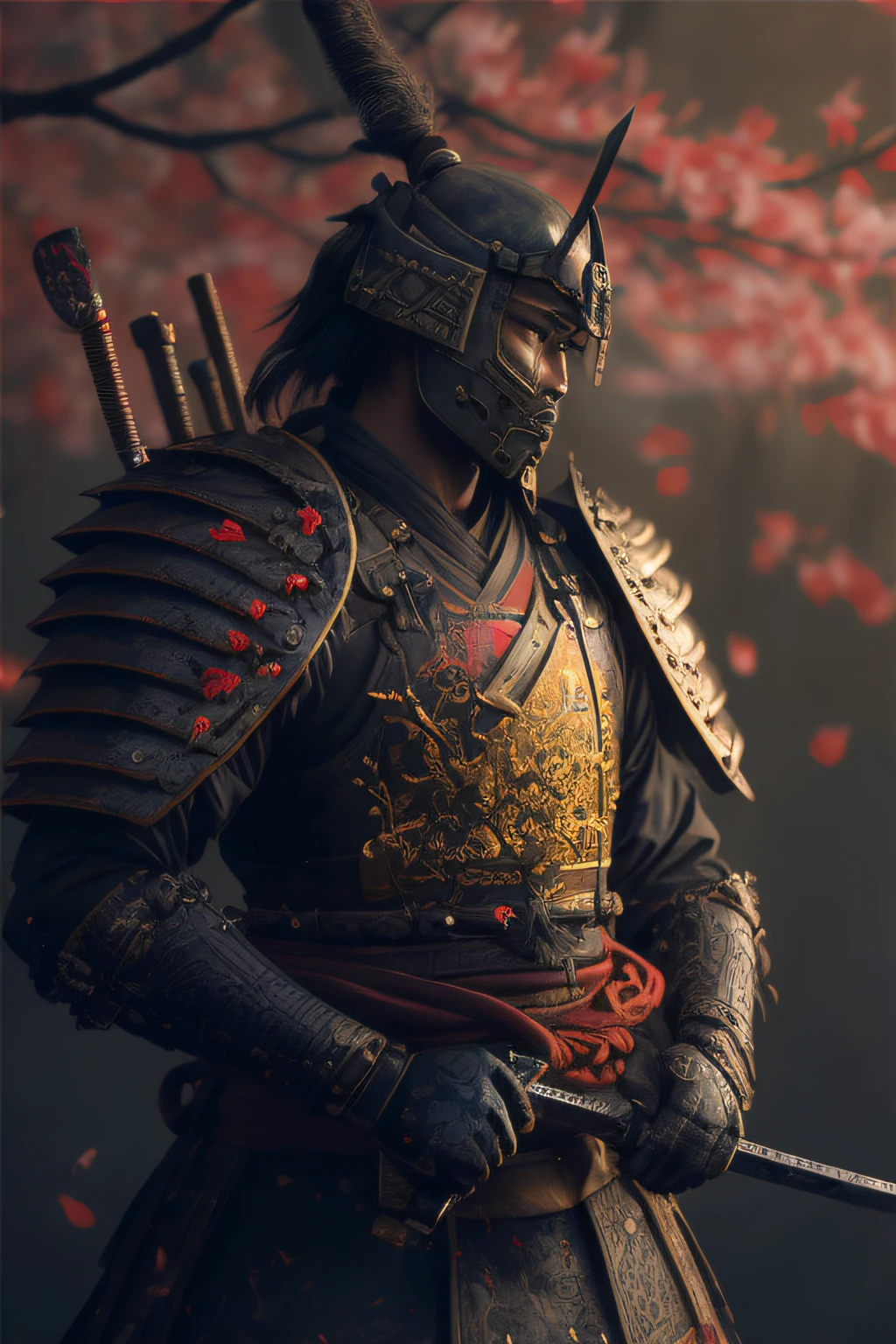 arafed samurai with a sword and a helmet on stands in front of a tree, samurai portrait, samurai warrior, as samurai, samurai, dressed in samurai armour, cyborg samurai, cyberpunk samurai, portrait of a cyberpunk samurai, epic samurai warrrior, japanese warrior, very beautiful cyberpunk samurai, portrait of a samurai, inspired by Kanō Hōgai